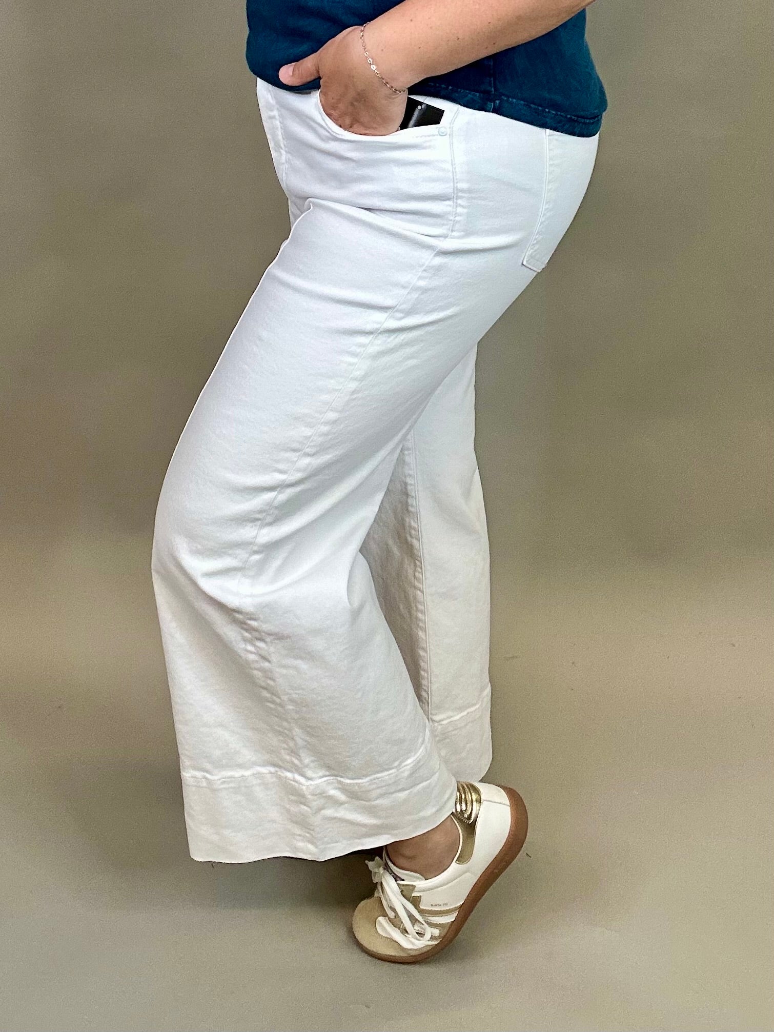 White Pin Tuck Meg Wide Leg Jeans Bottom- Pants KUT FROM THE KLOTH