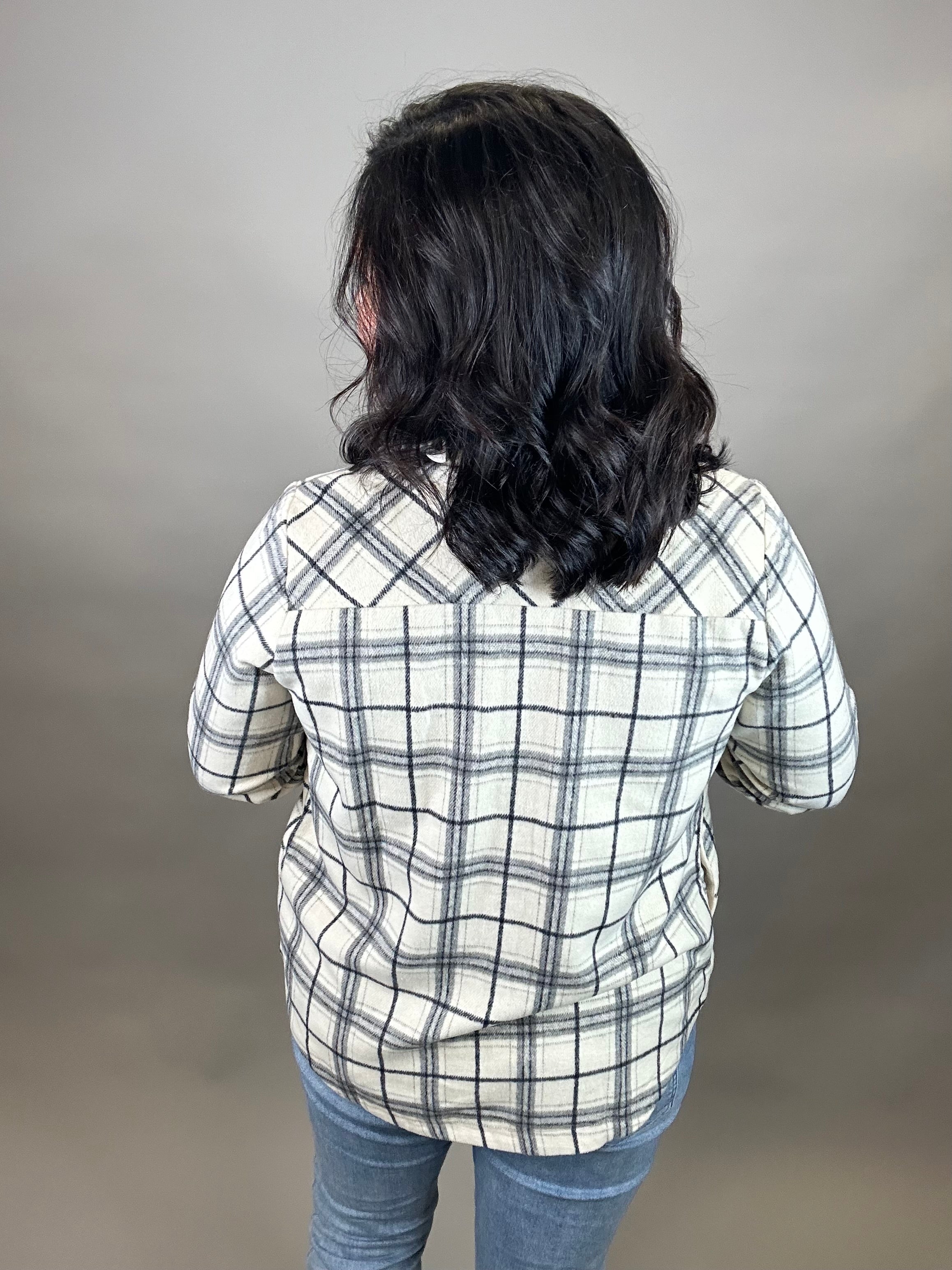 Ivory Plaid Shirt Jacket Outerwear- Jackets Mystree