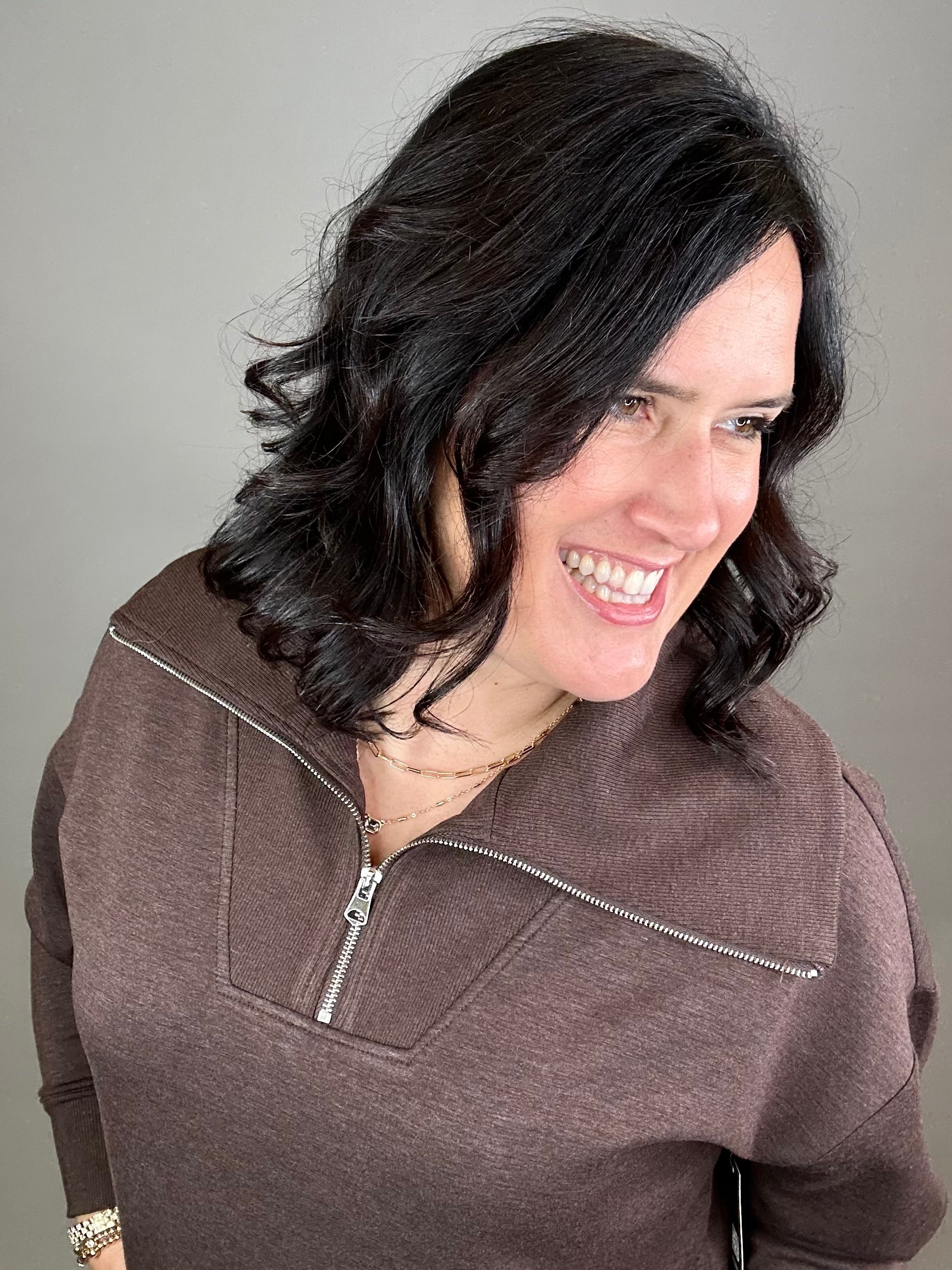 Umber Mel Luxe Half Zip Pullover Top - Sweatshirt RD International