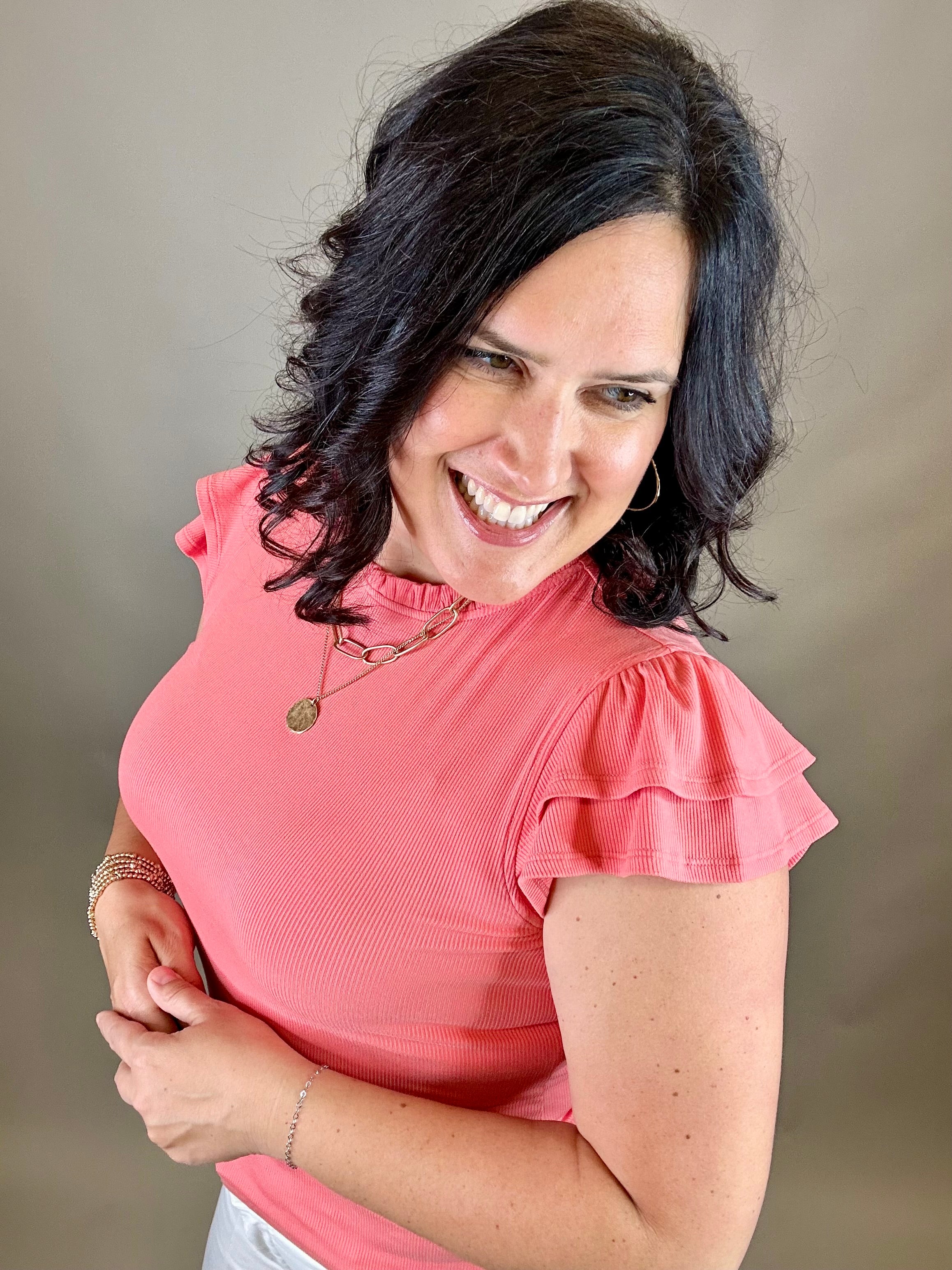 Coral Rib Ruffled Top Tops- Blouses DOE & RAE