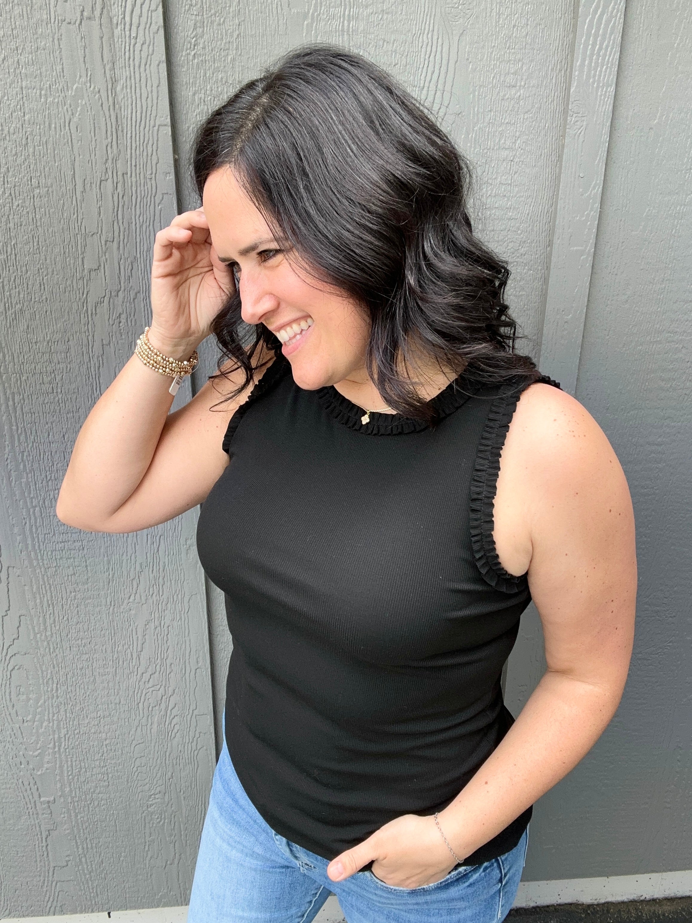Black Ruffle Tank Tops- Tanks DOE & RAE