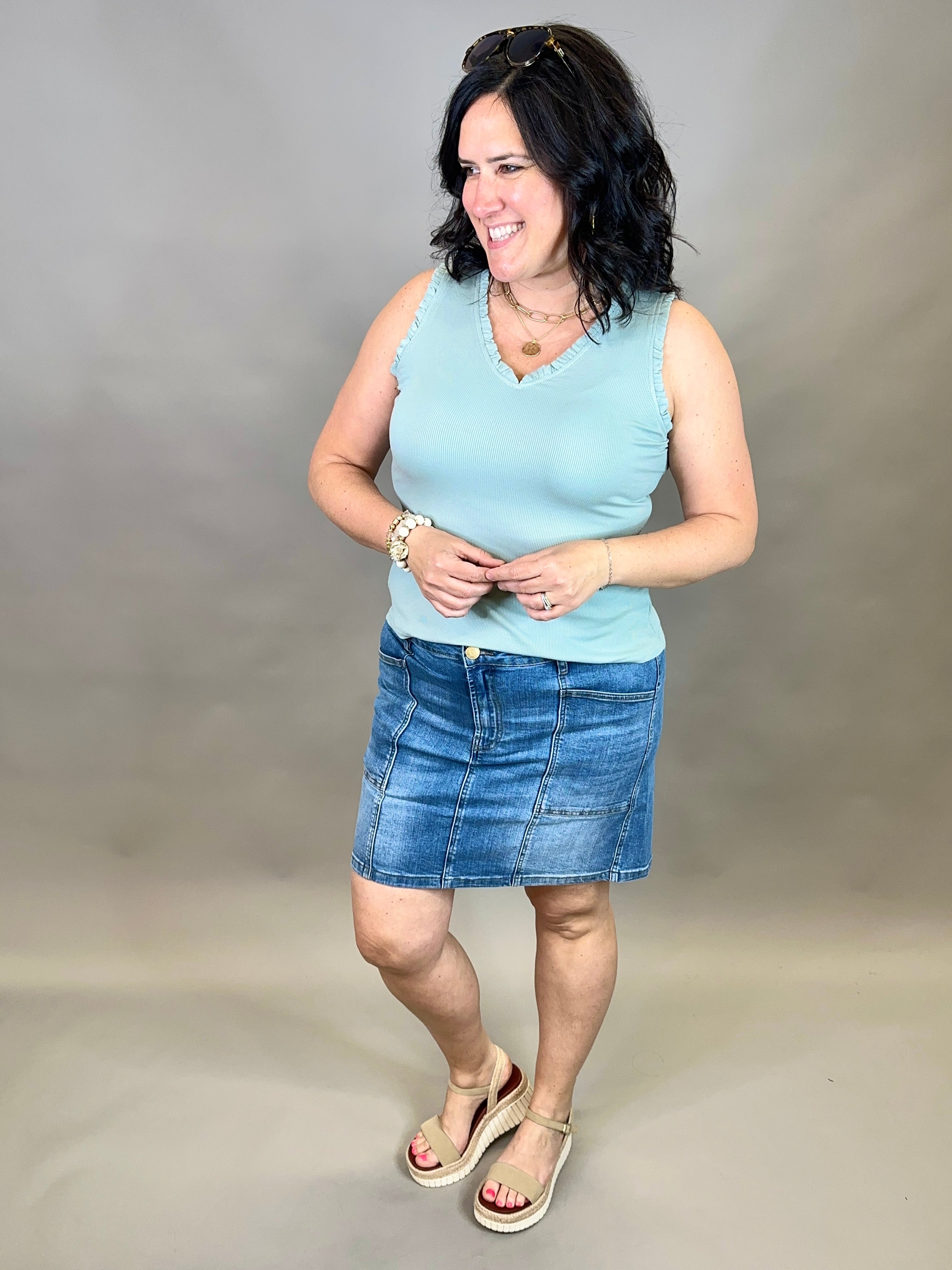 Sage V Neck Frilled Tank Tops- Tanks DOE & RAE