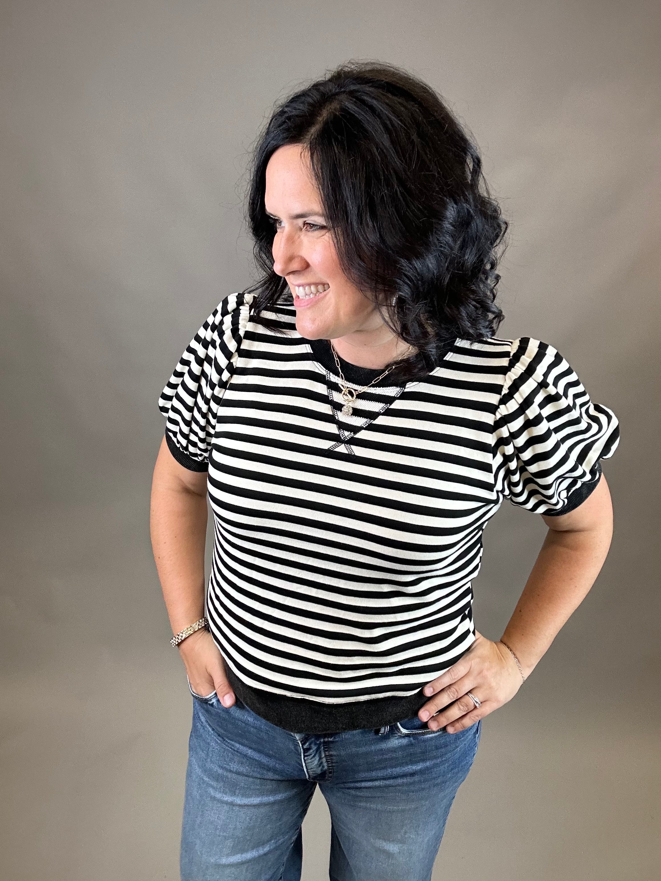 Black/Ivory Striped Puff Sleeve Top Top- Sweatshirts JODIFL