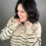 Mocha Striped Half Button Sweater Top - Sweater MIOU MUSE