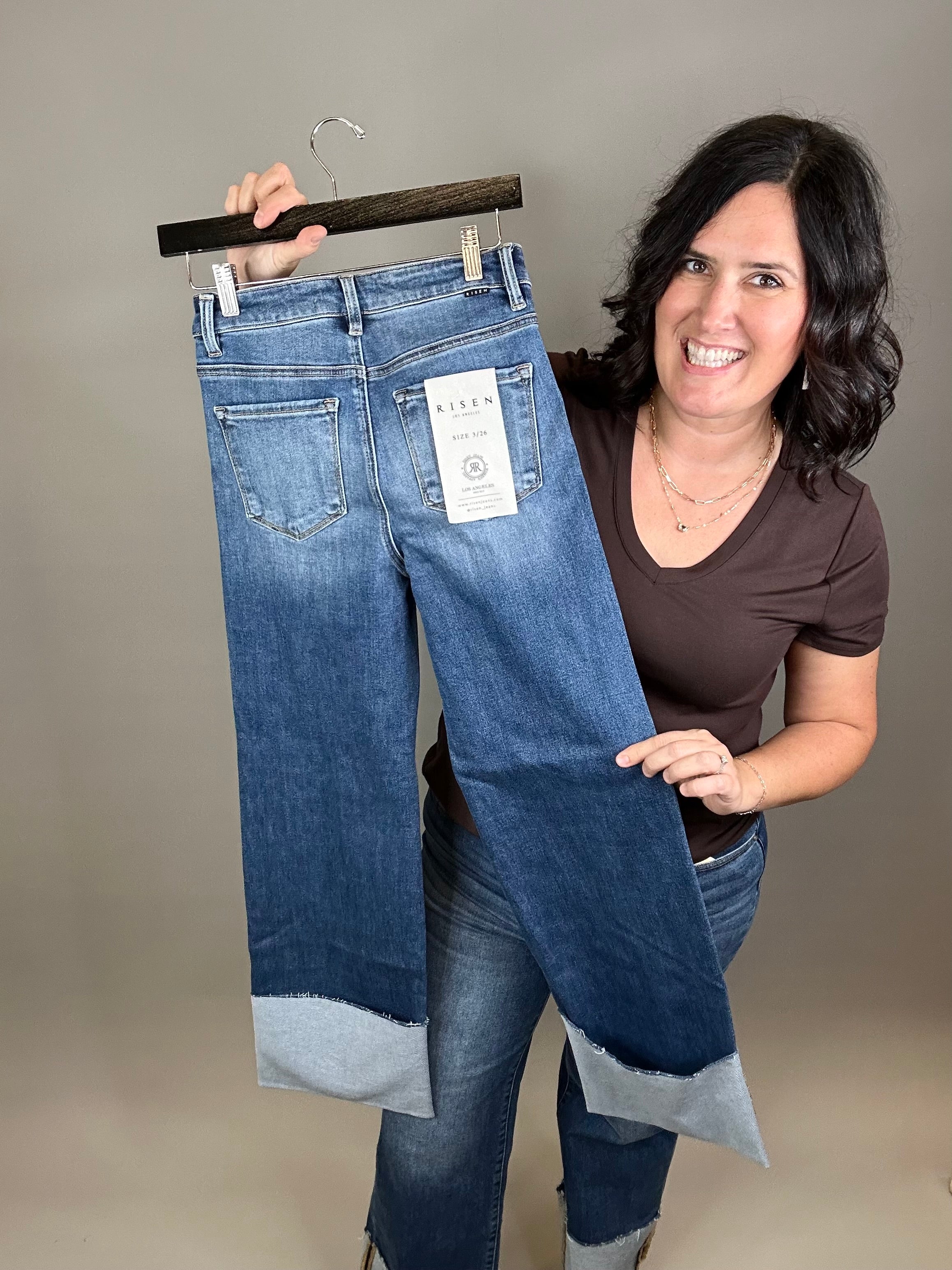 Dark Ankle Wide Cuffed Jeans Bottom- Pants RISEN