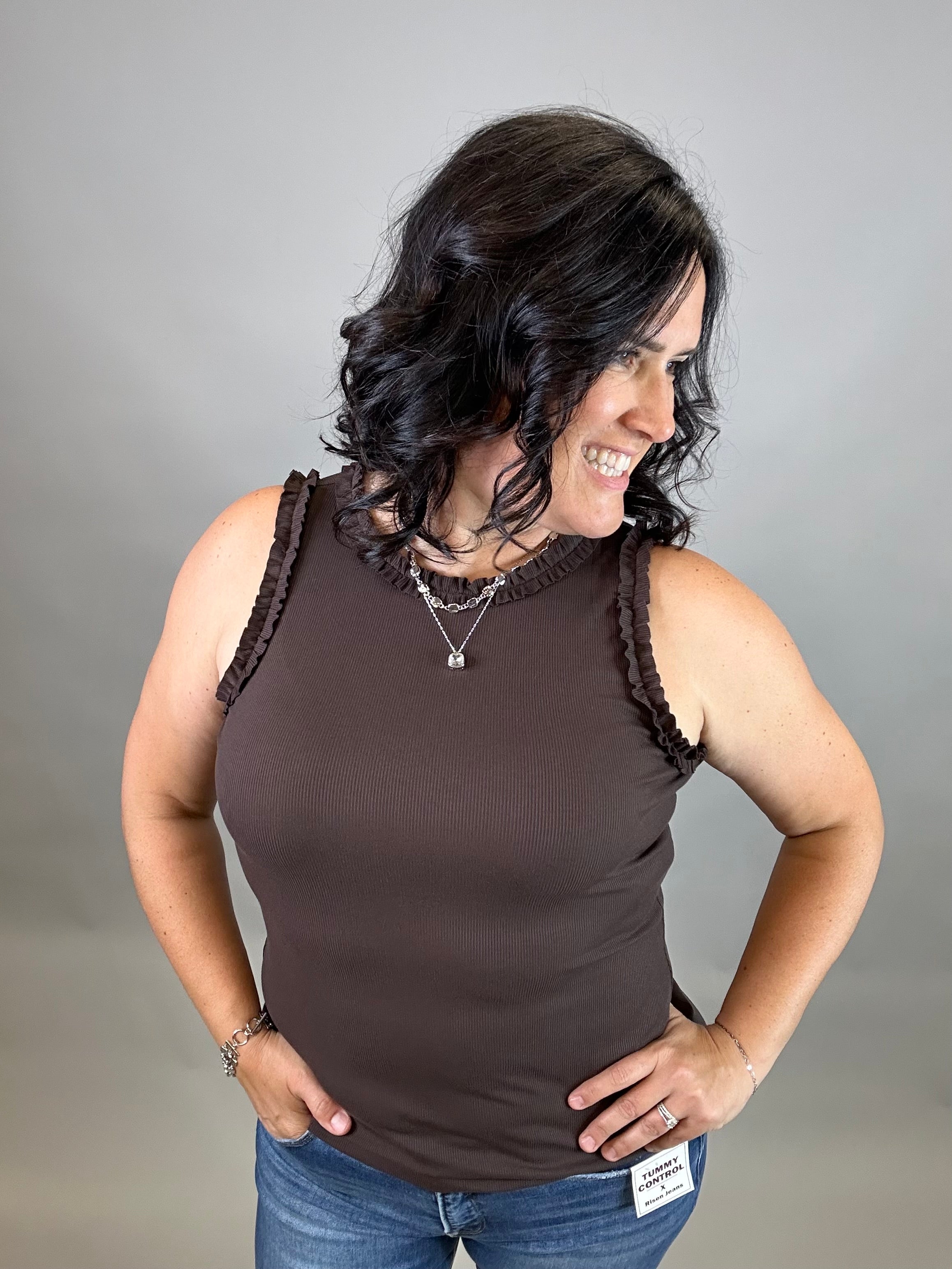 Espresso Ruffle Tank Tops- Tanks DOE & RAE