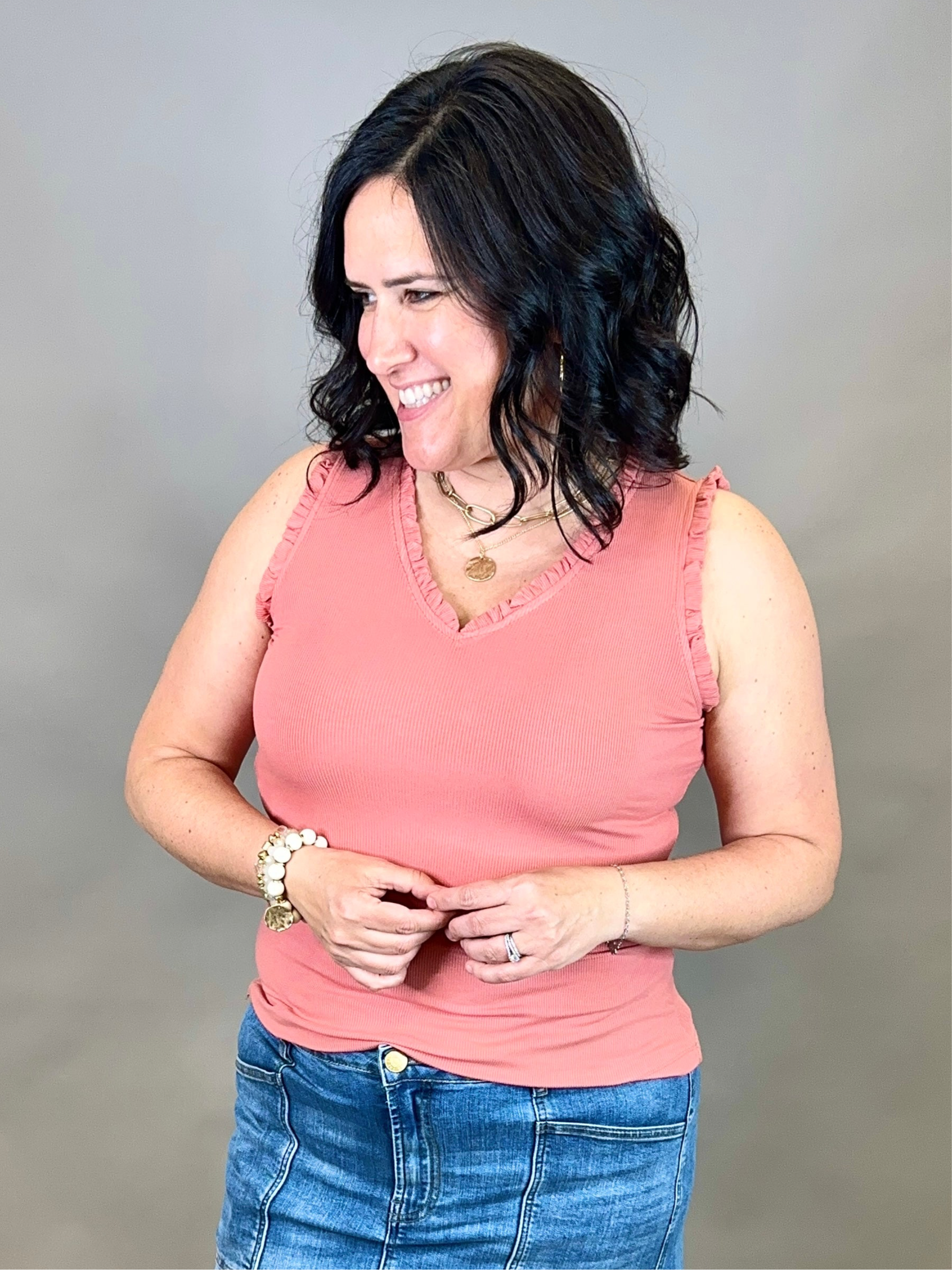 Salmon V Neck Frilled Tank Tops- Tanks DOE & RAE