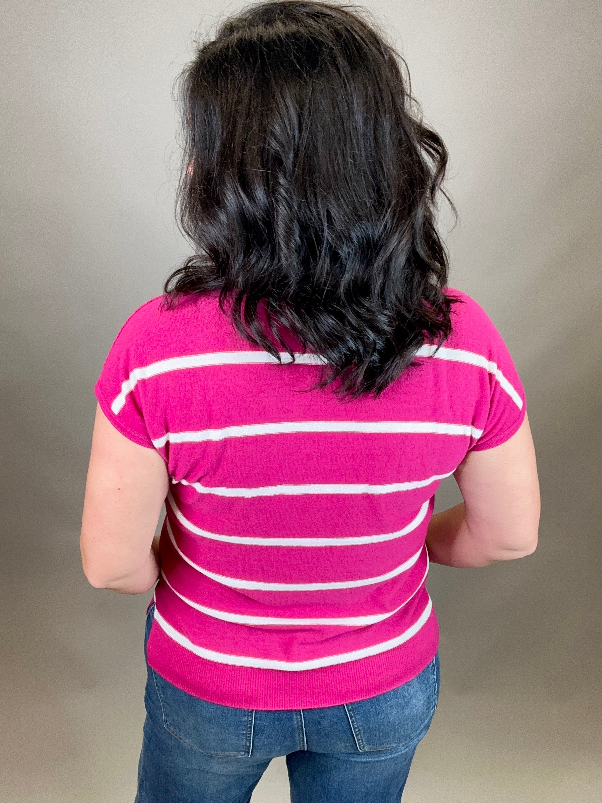 Magenta Striped V Neck Short Sleeve Sweater Top - Sweater STACCATO