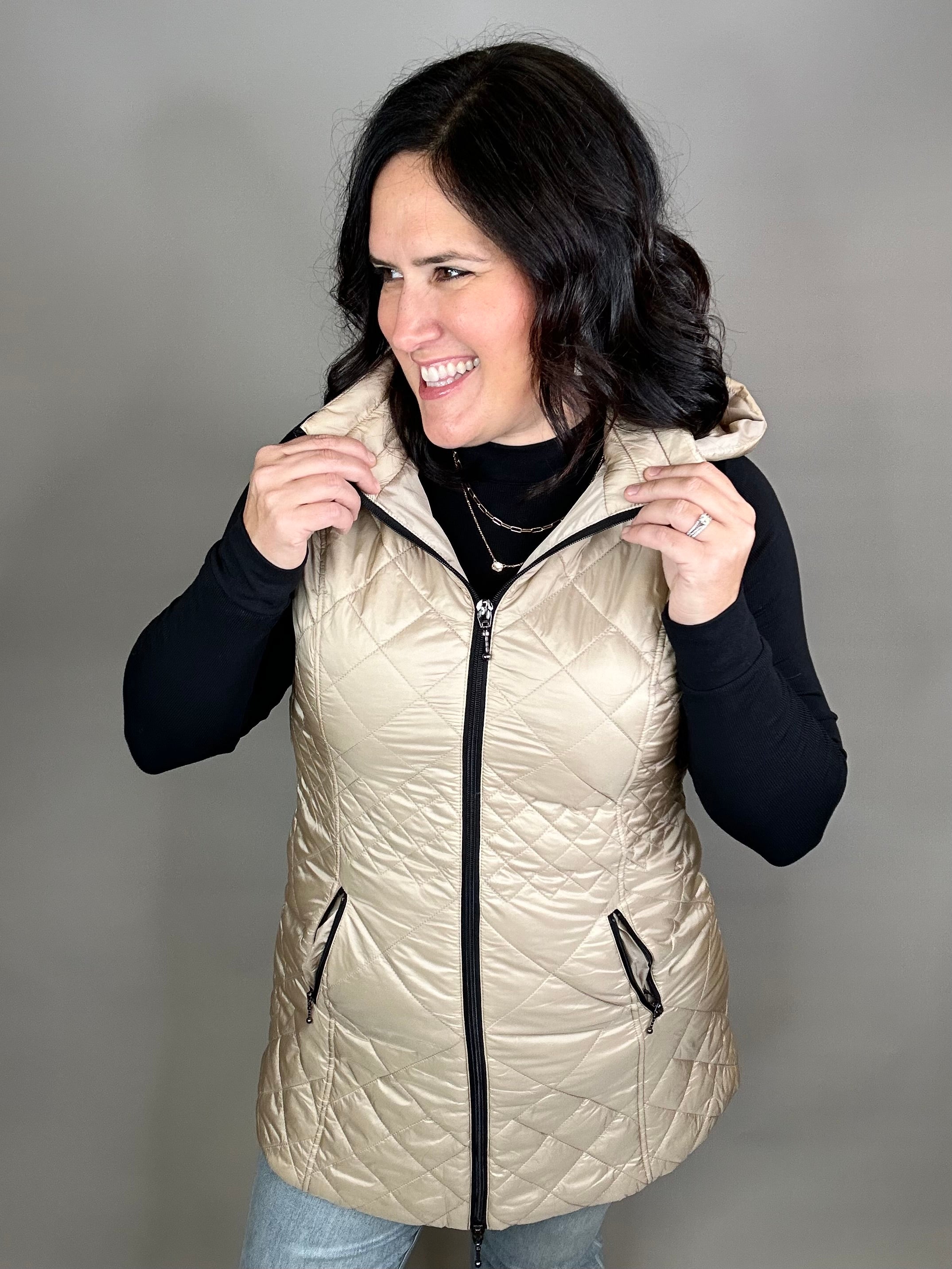 Camel Long Quilted Vest Outerwear - Vest Anorak