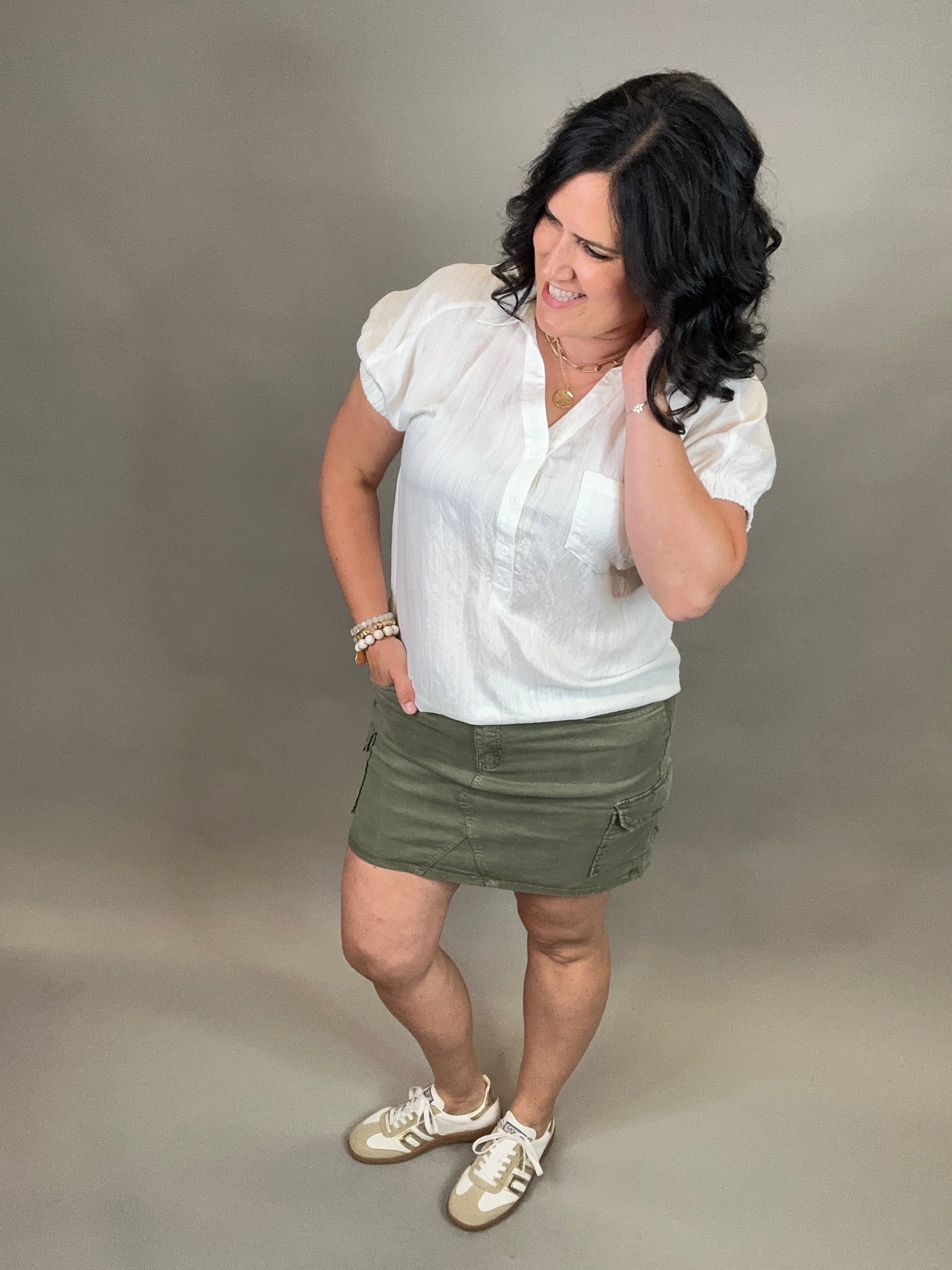 White Collared V Neck Crinkle Blouse Top - Sweater STACCATO