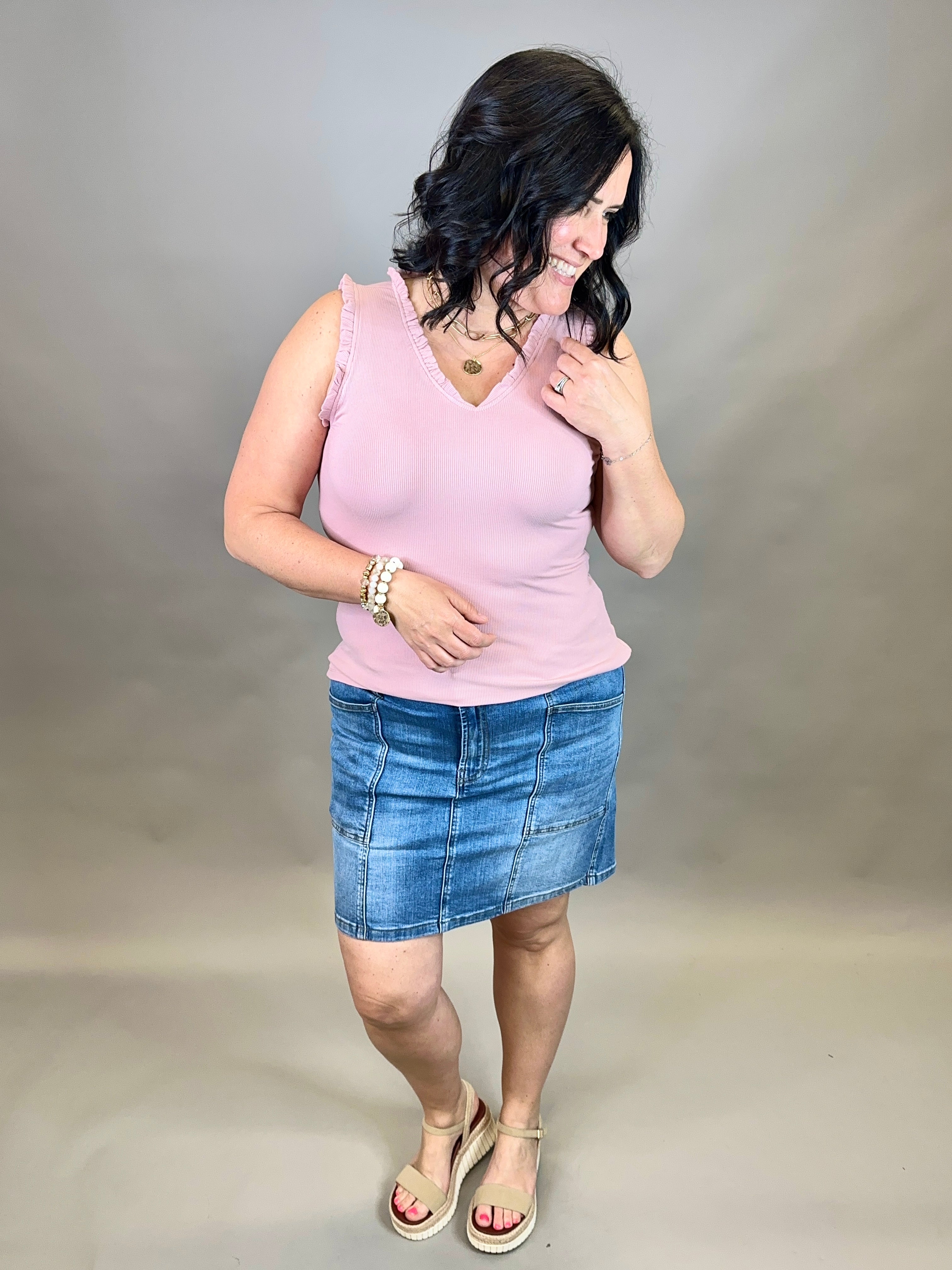 Mauve V Neck Frilled Tank Tops- Tanks DOE & RAE