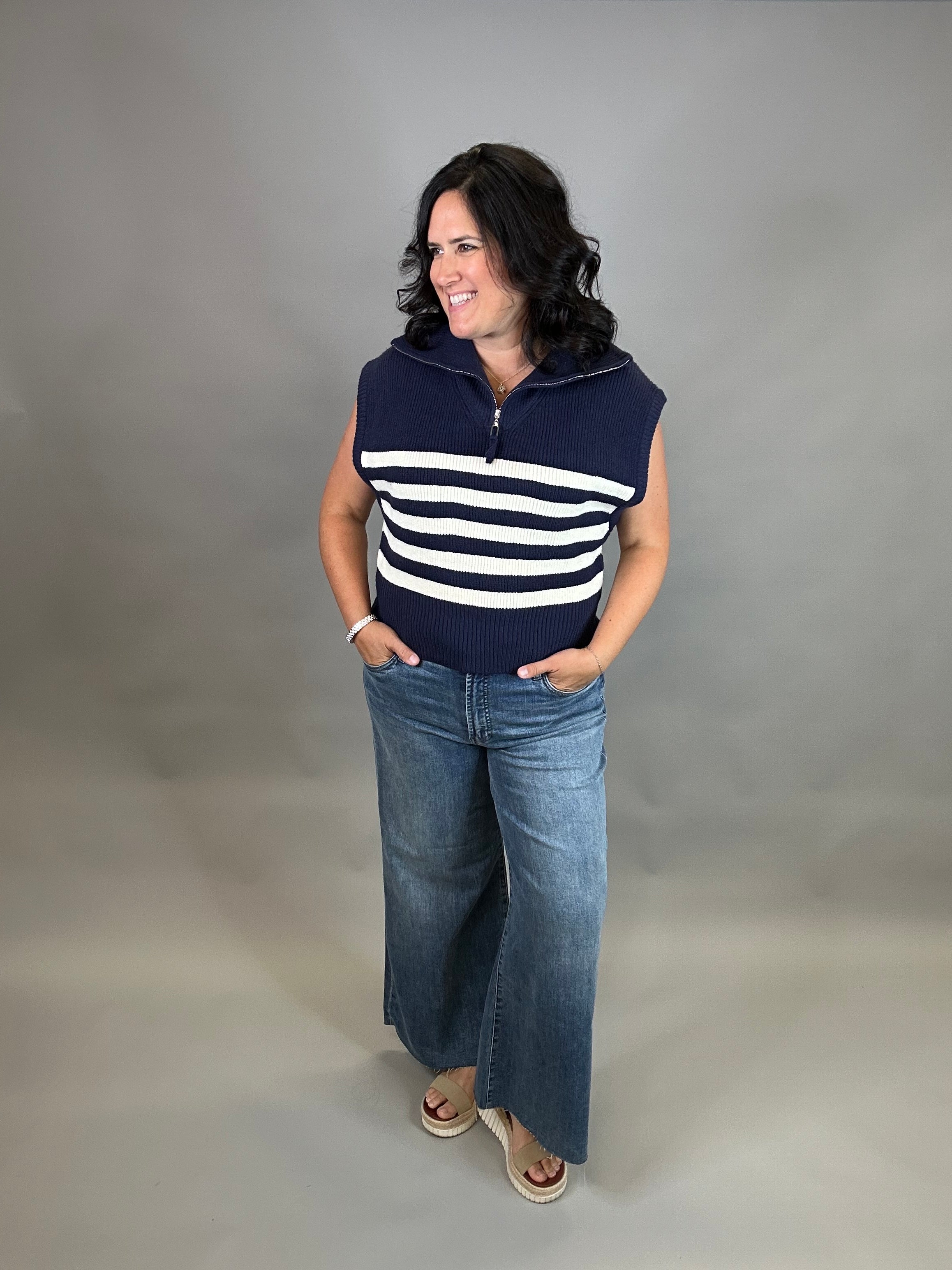 Navy Striped Half Zip Sweater Top Top - Sweater DOE & RAE