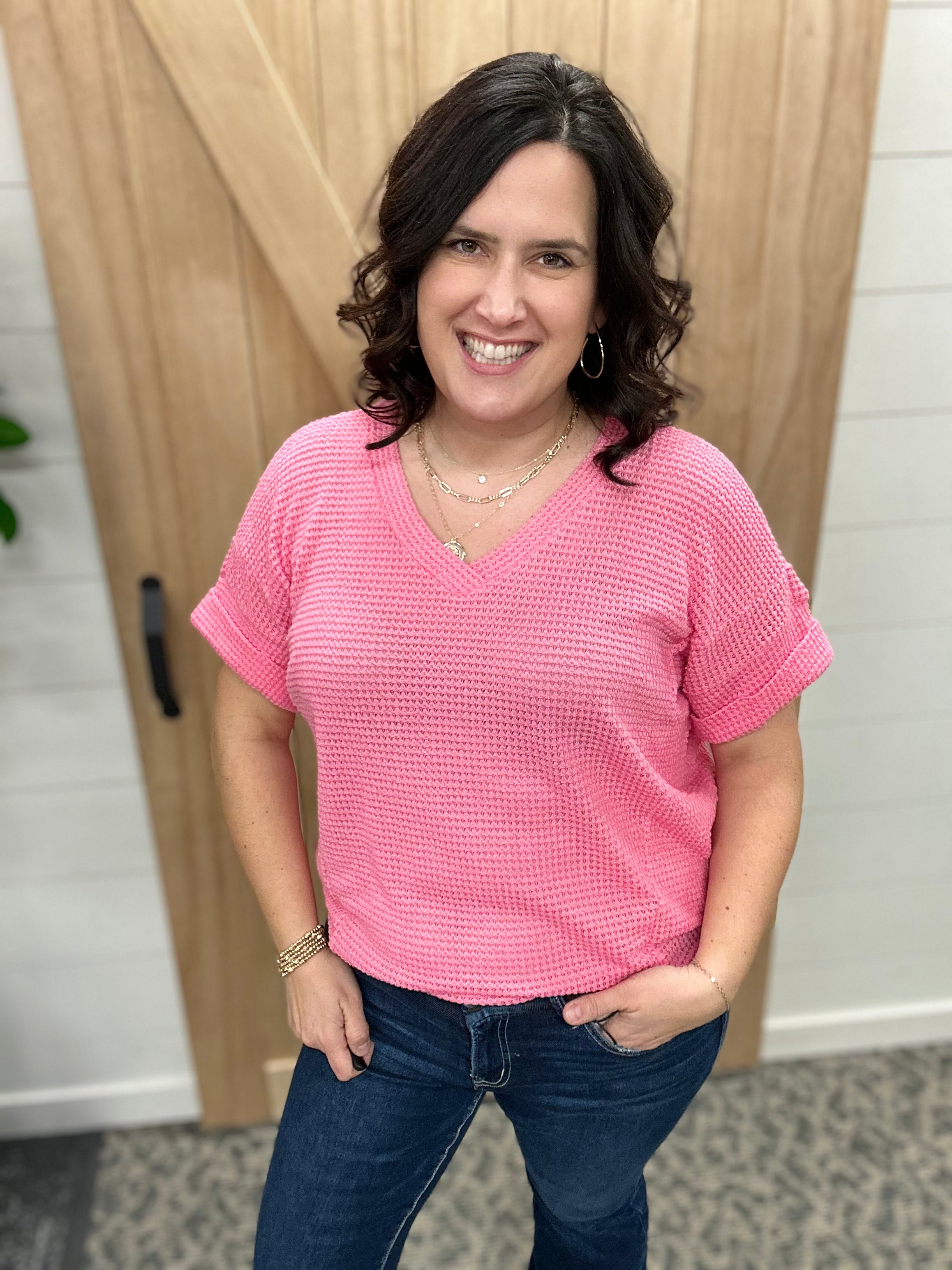 Pink Short Sleeve Crochet Top Tops- Blouses ANDREE