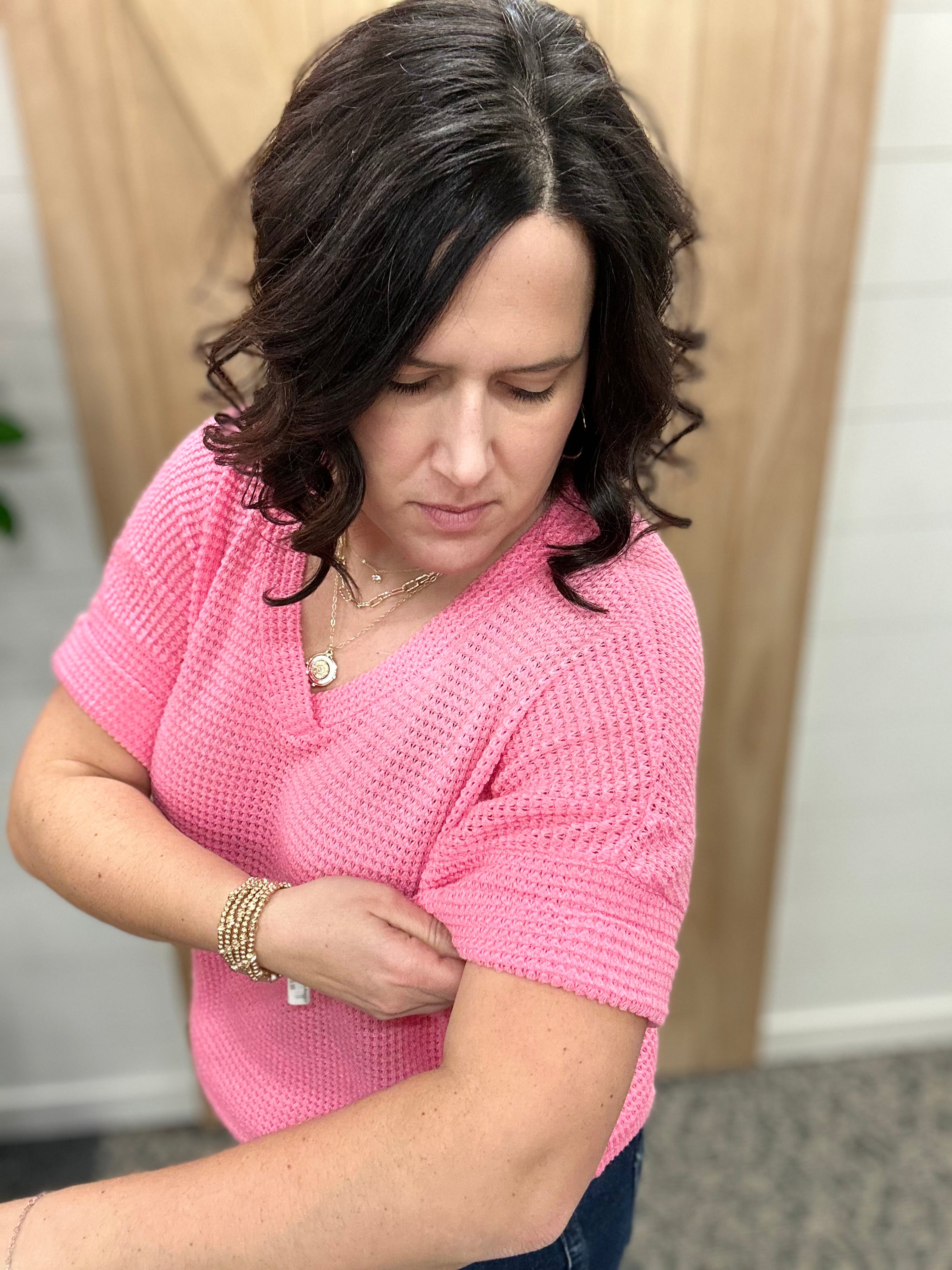 Pink Short Sleeve Crochet Top Tops- Blouses ANDREE