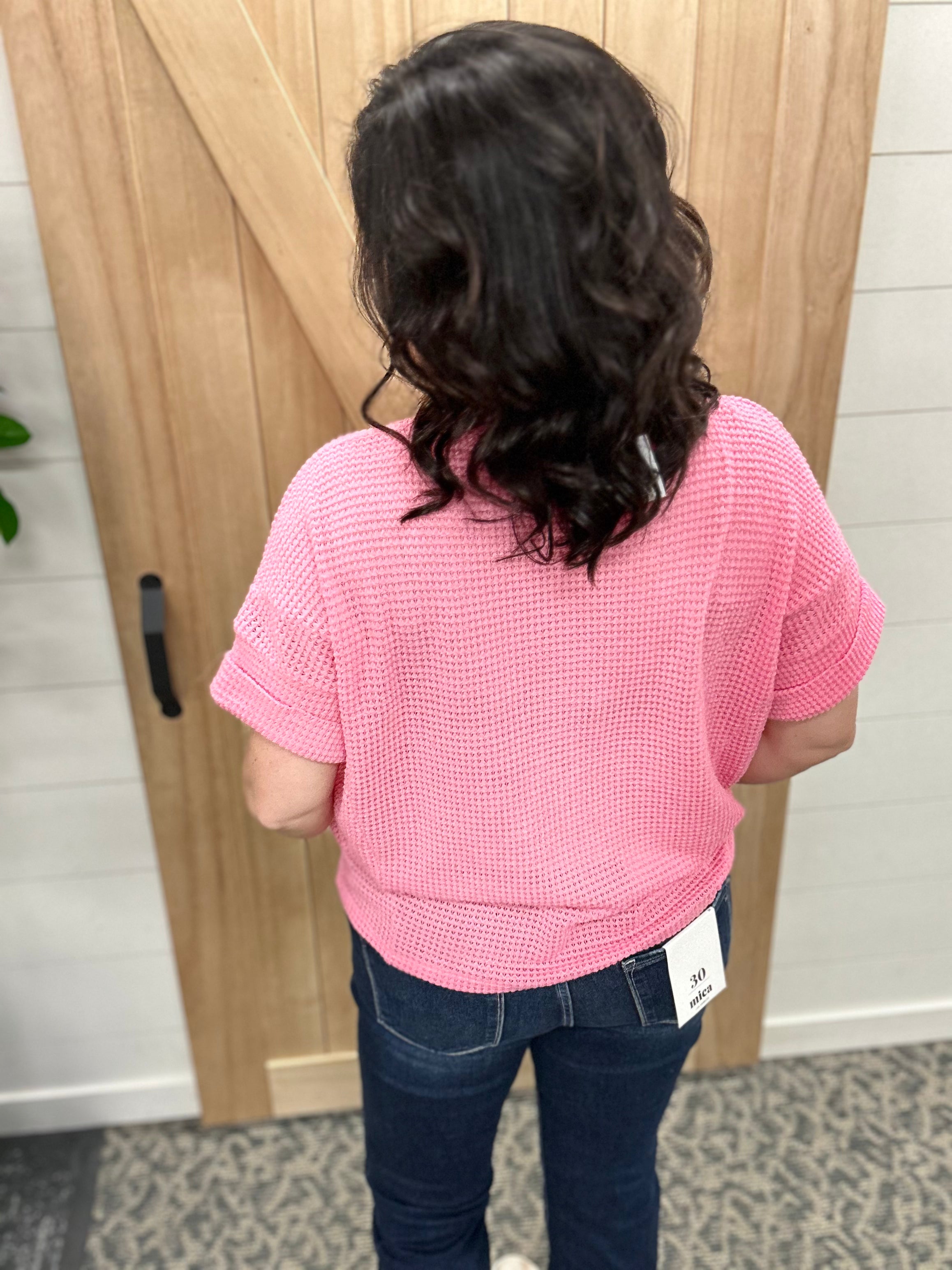 Pink Short Sleeve Crochet Top Tops- Blouses ANDREE