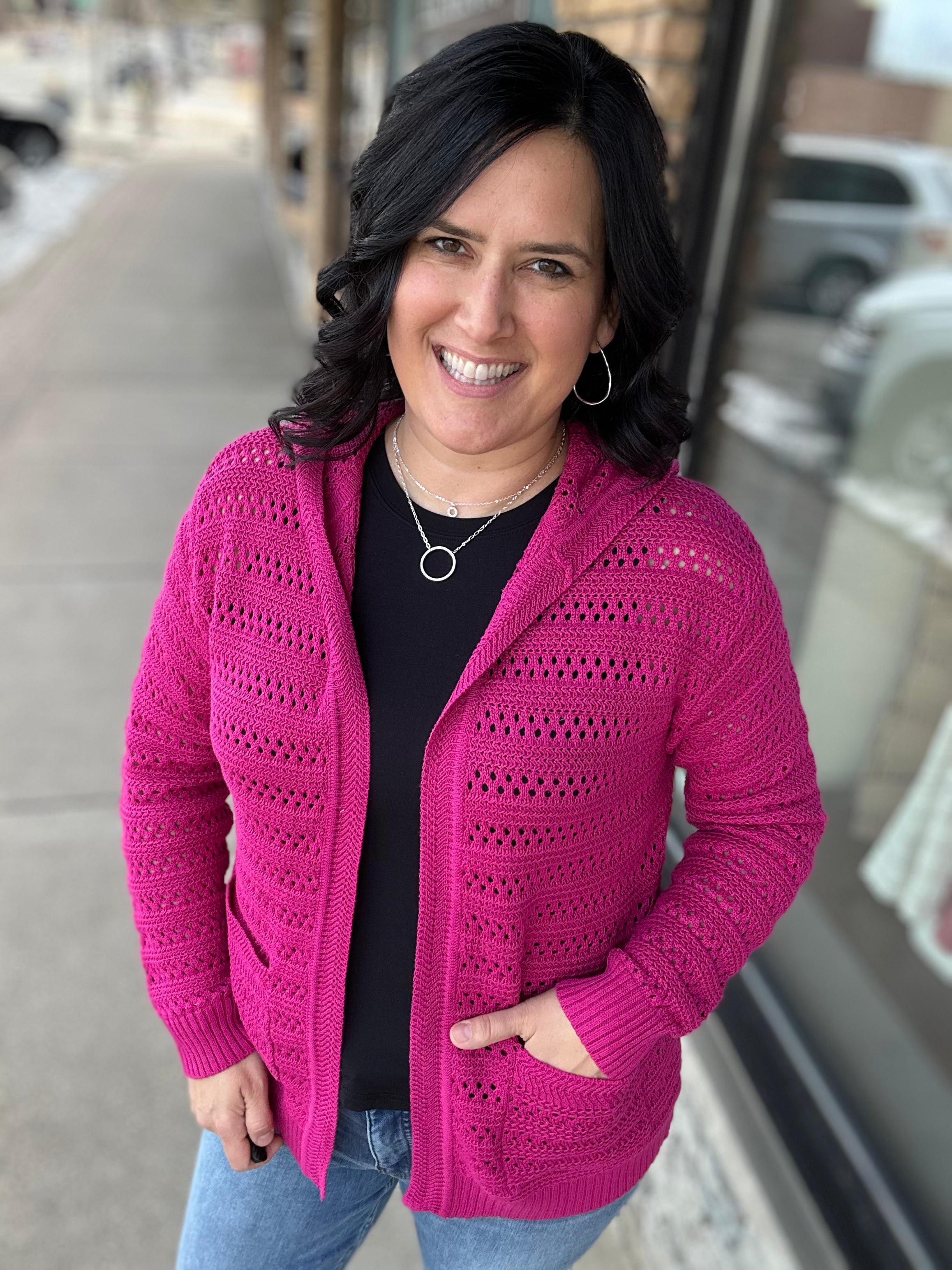 Magenta Crochet Open Cardigan Tops- Cardigans STACCATO