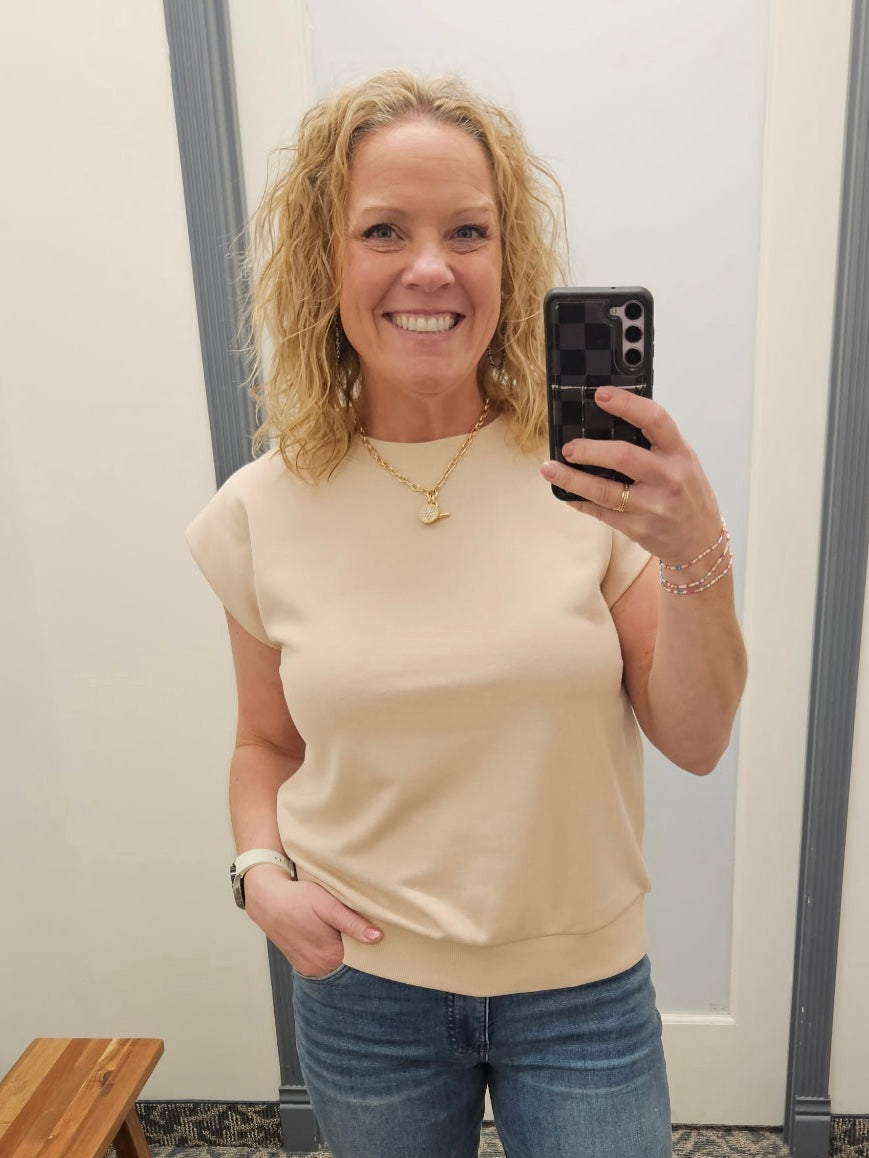 Beige Terry Crew Muscle Sweatshirt Top - Tee DOE & RAE