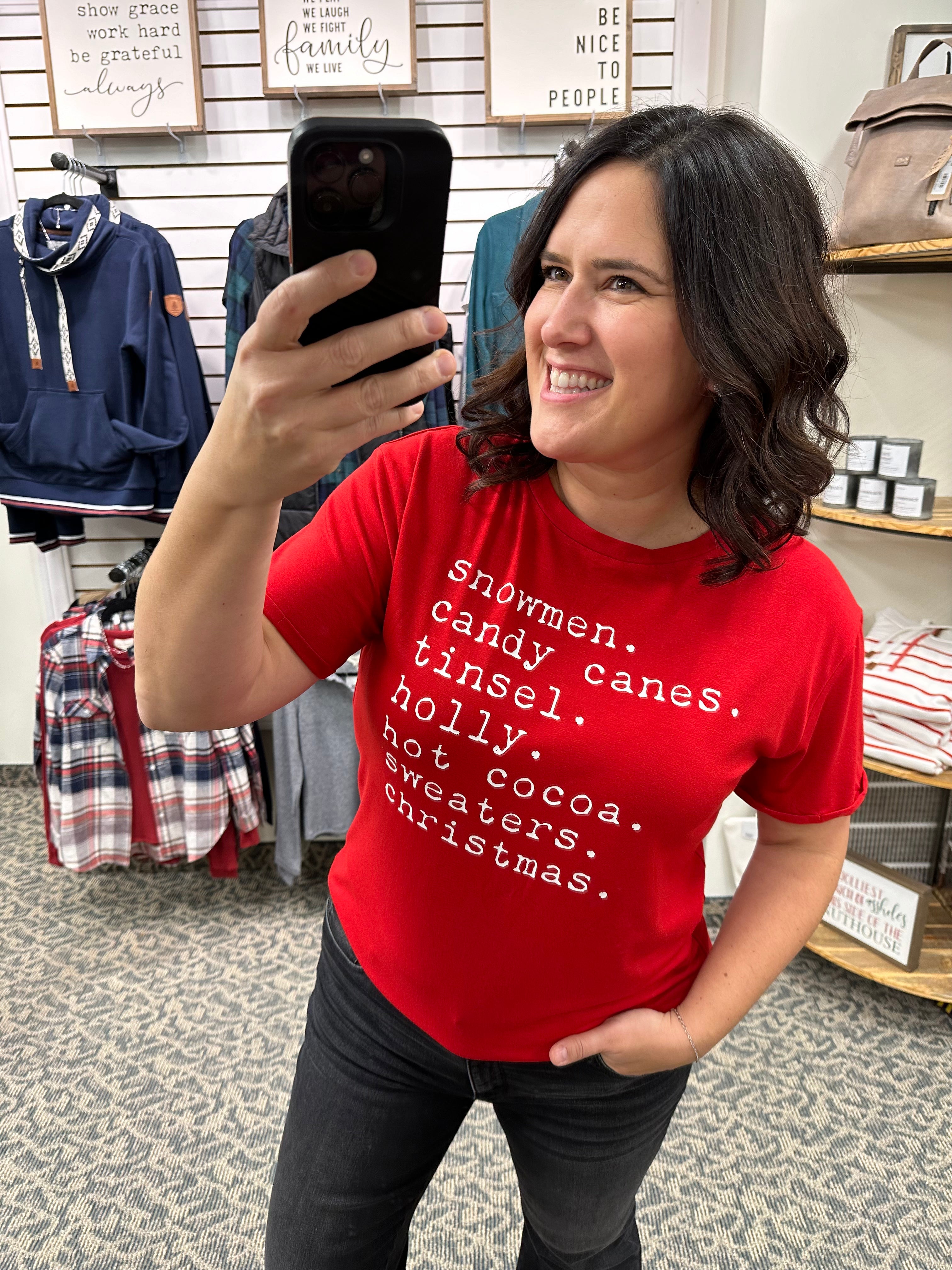 Red Snowmen Candy Cane Tinsel Tee Top - Tee PANACHE