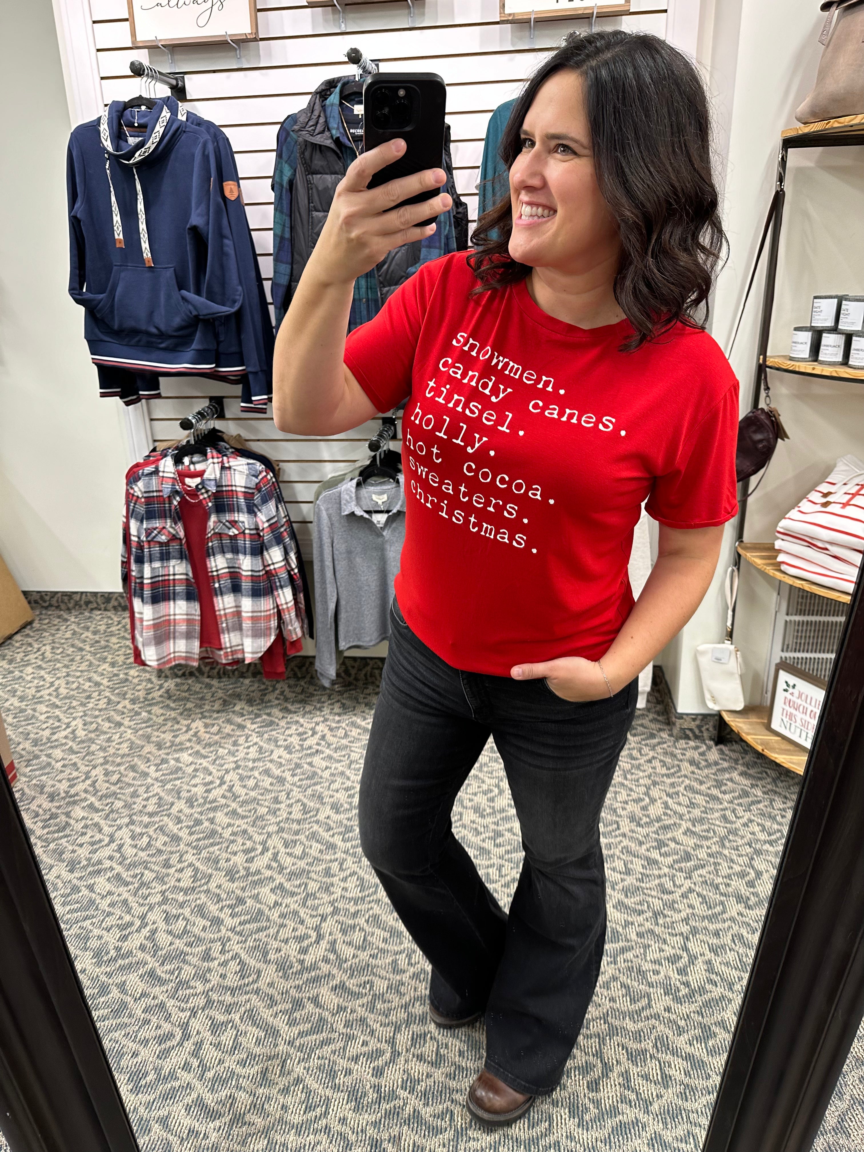 Red Snowmen Candy Cane Tinsel Tee Top - Tee PANACHE