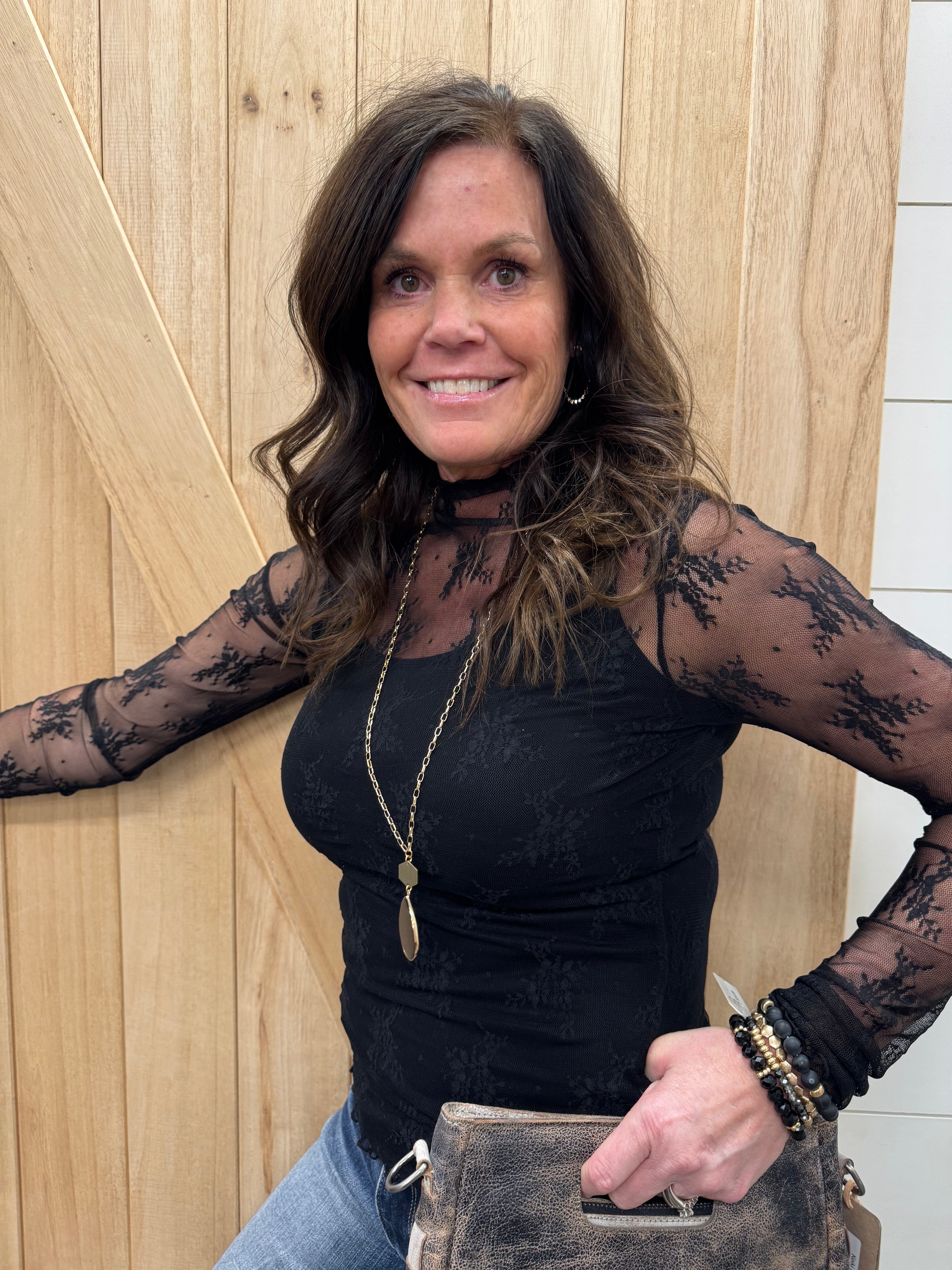 Black Lace Long Sleeve w/thumbholes Tops- Blouses HEM & THREAD