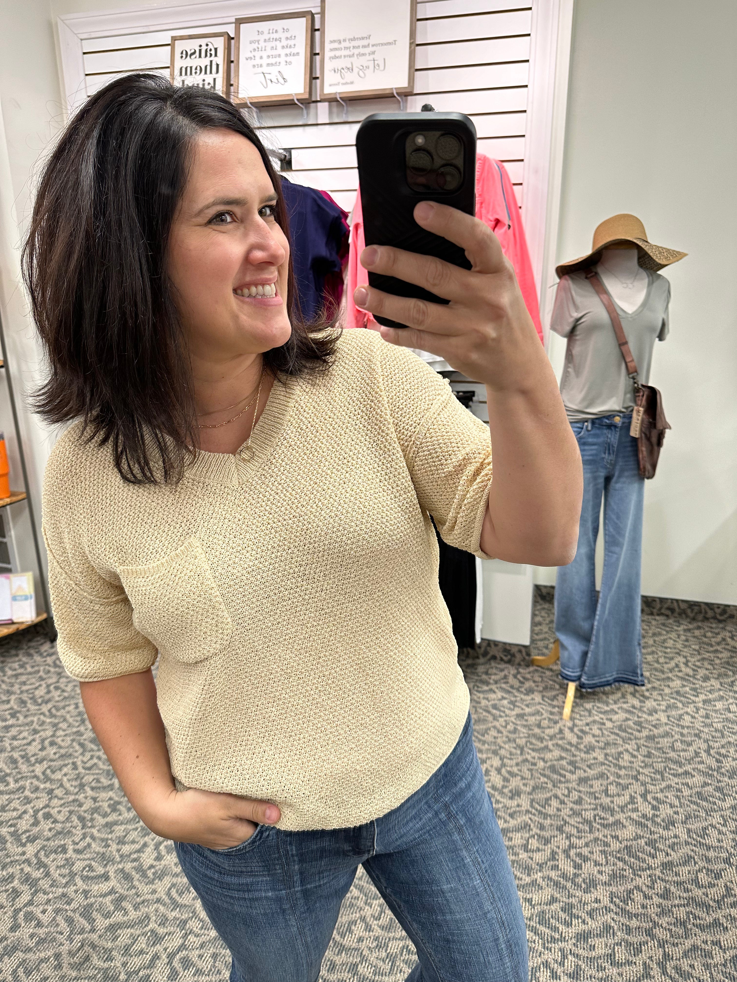 Sand V-Neck Sweater Top - Sweater DOE & RAE