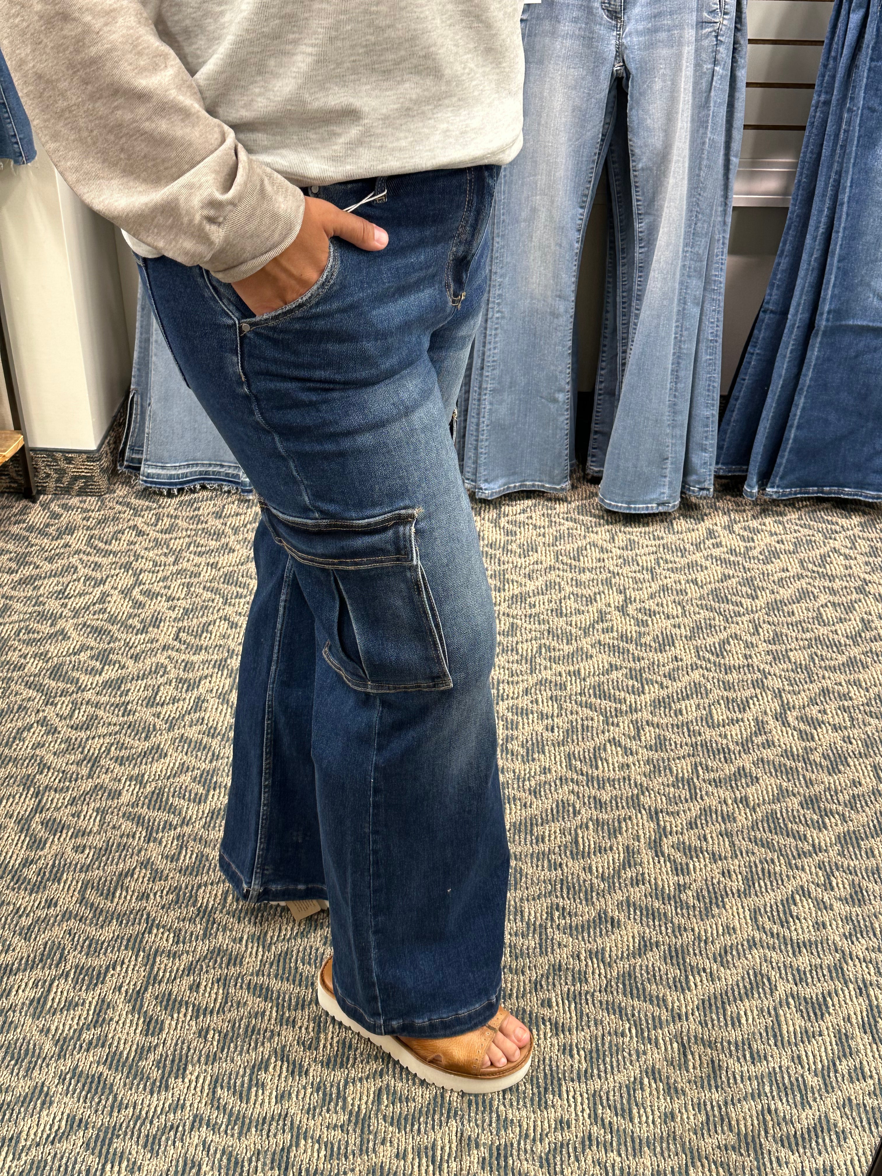 High Rise Wide Leg Cargo Jeans (Risen) Bottoms - Pants RISEN