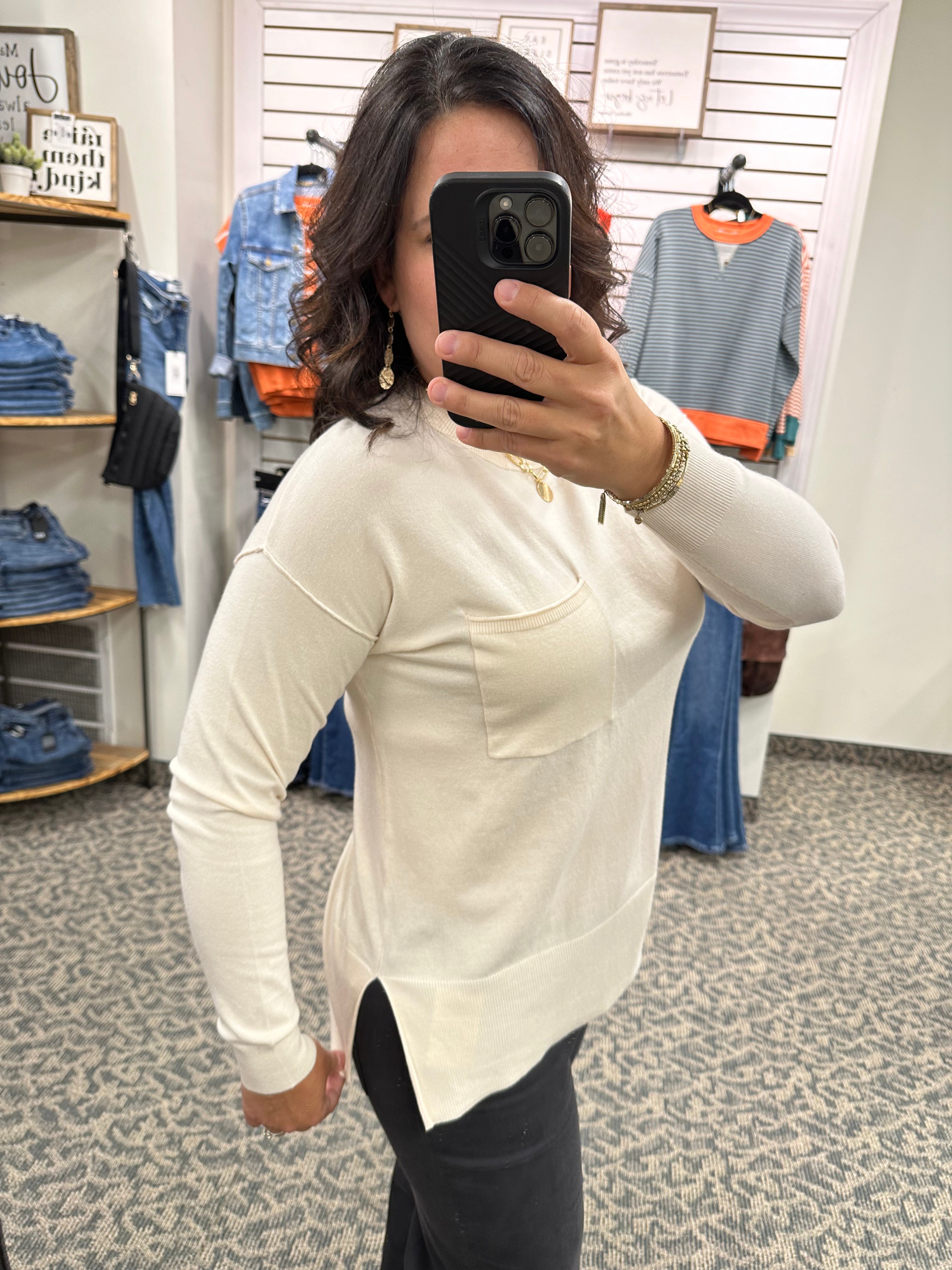 Cream Pocket Sweater Top - Sweater BE COOL