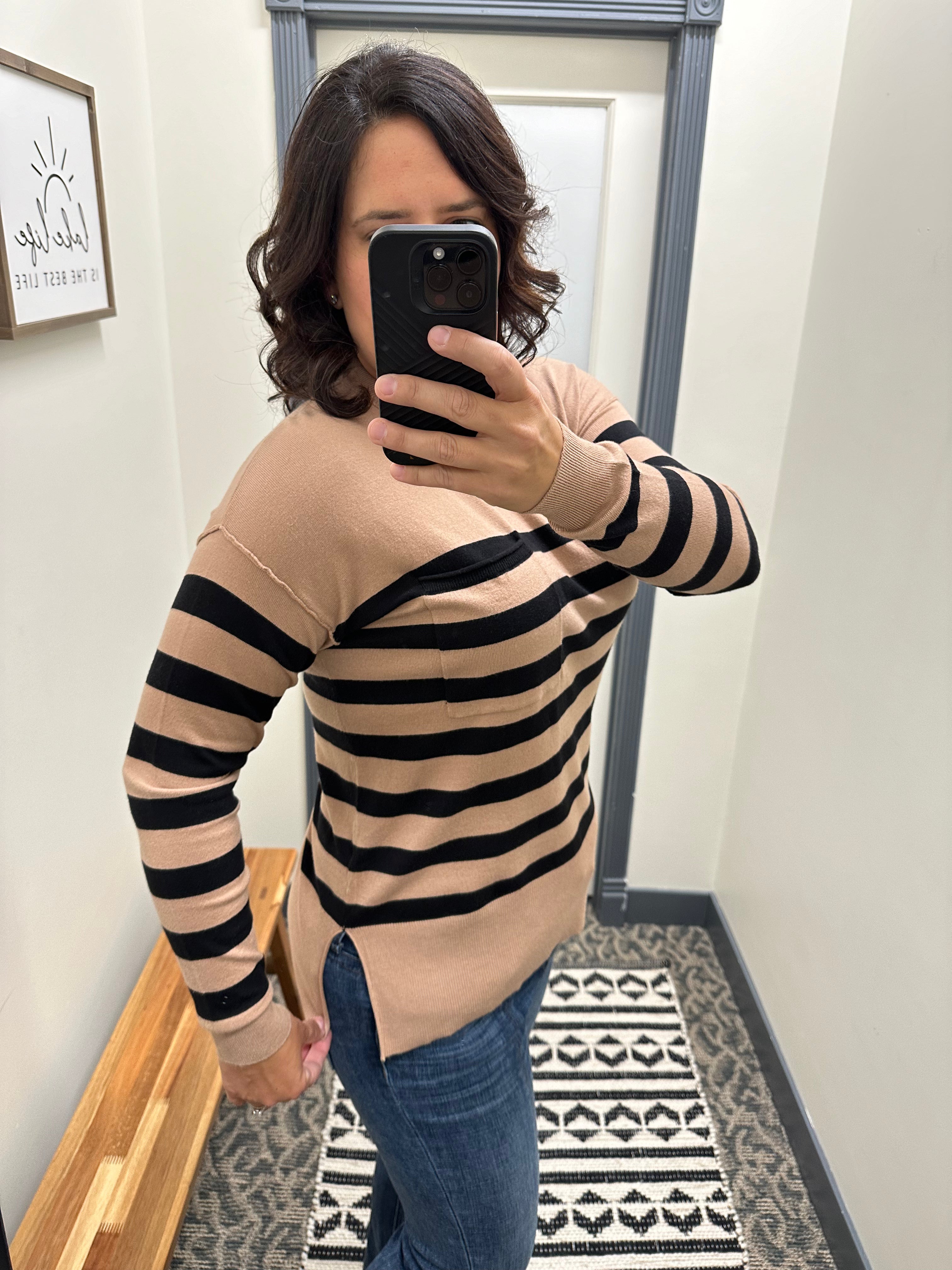Camel Striped Sweater Top - Sweater BE COOL