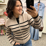 Stone Striped Mock Neck Zip up Sweater Top - Sweater STACCATO