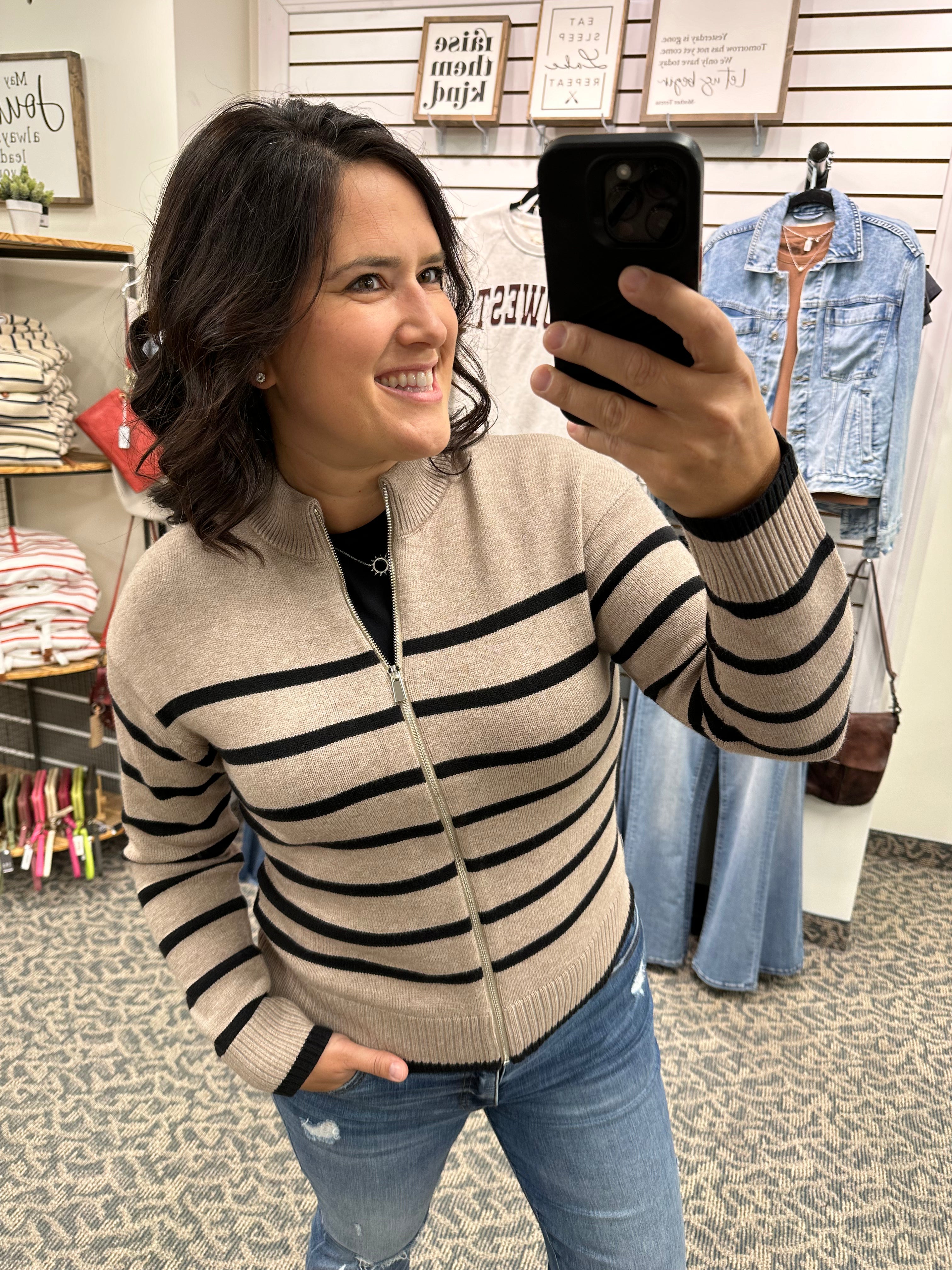 Stone Striped Mock Neck Zip up Sweater Top - Sweater STACCATO