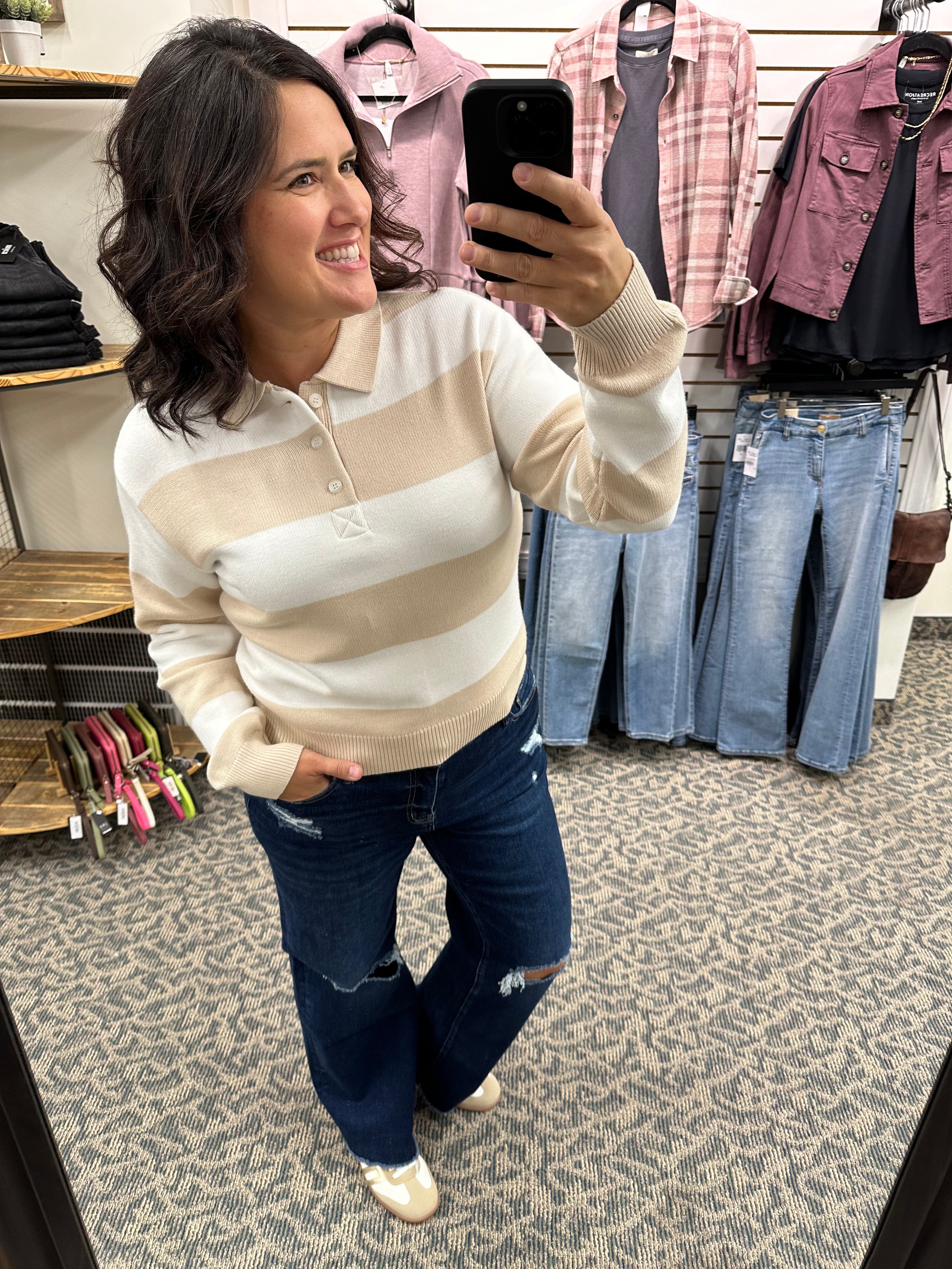 Tan/Ivory Rugby Shirt Top - Sweater THREAD & SUPPLY