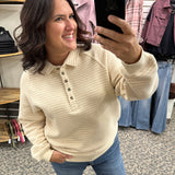 Taupe Striped Button Sweatshirt Top - Sweatshirt WISHLIST