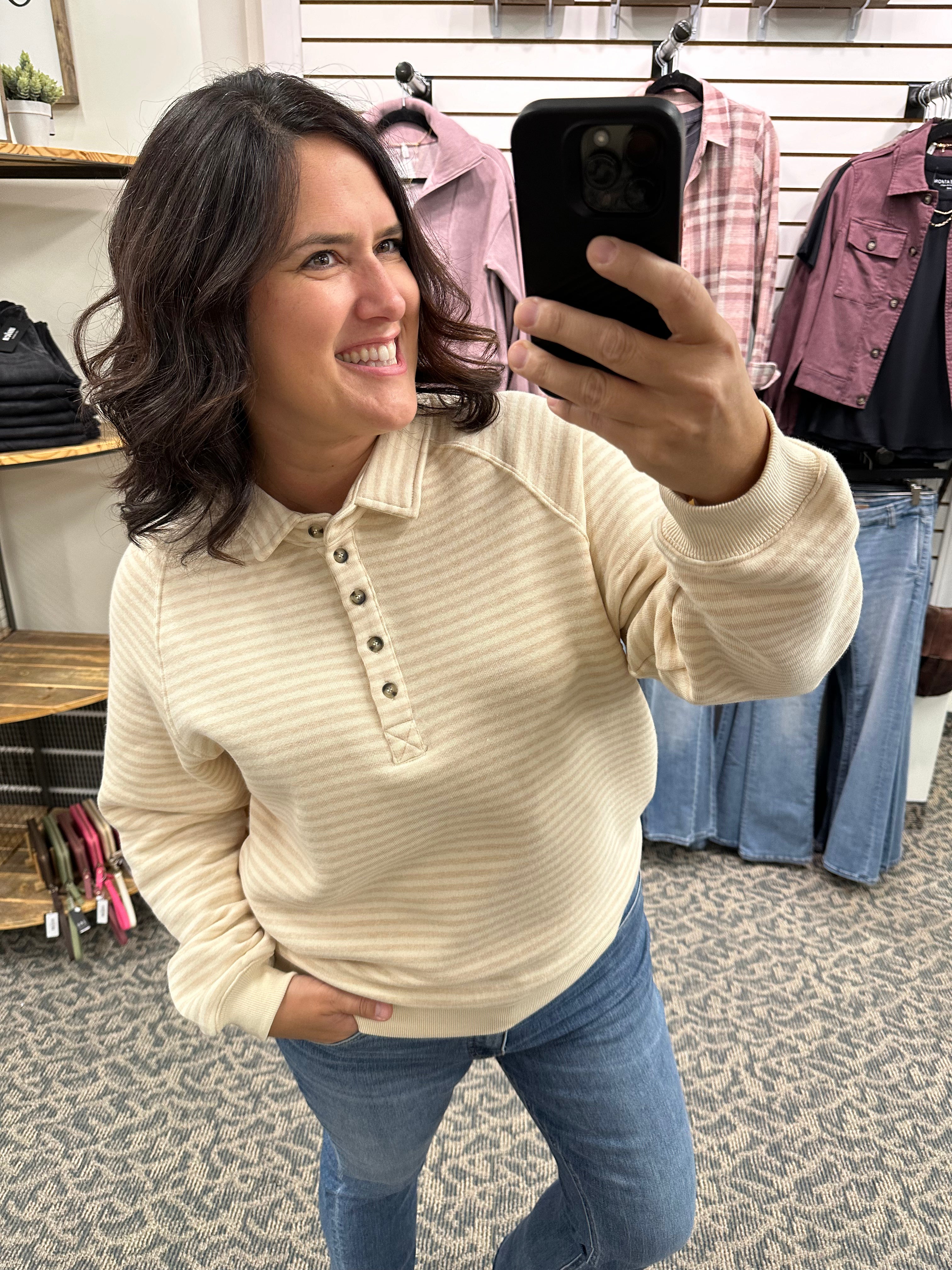 Taupe Striped Button Sweatshirt Top - Sweatshirt WISHLIST