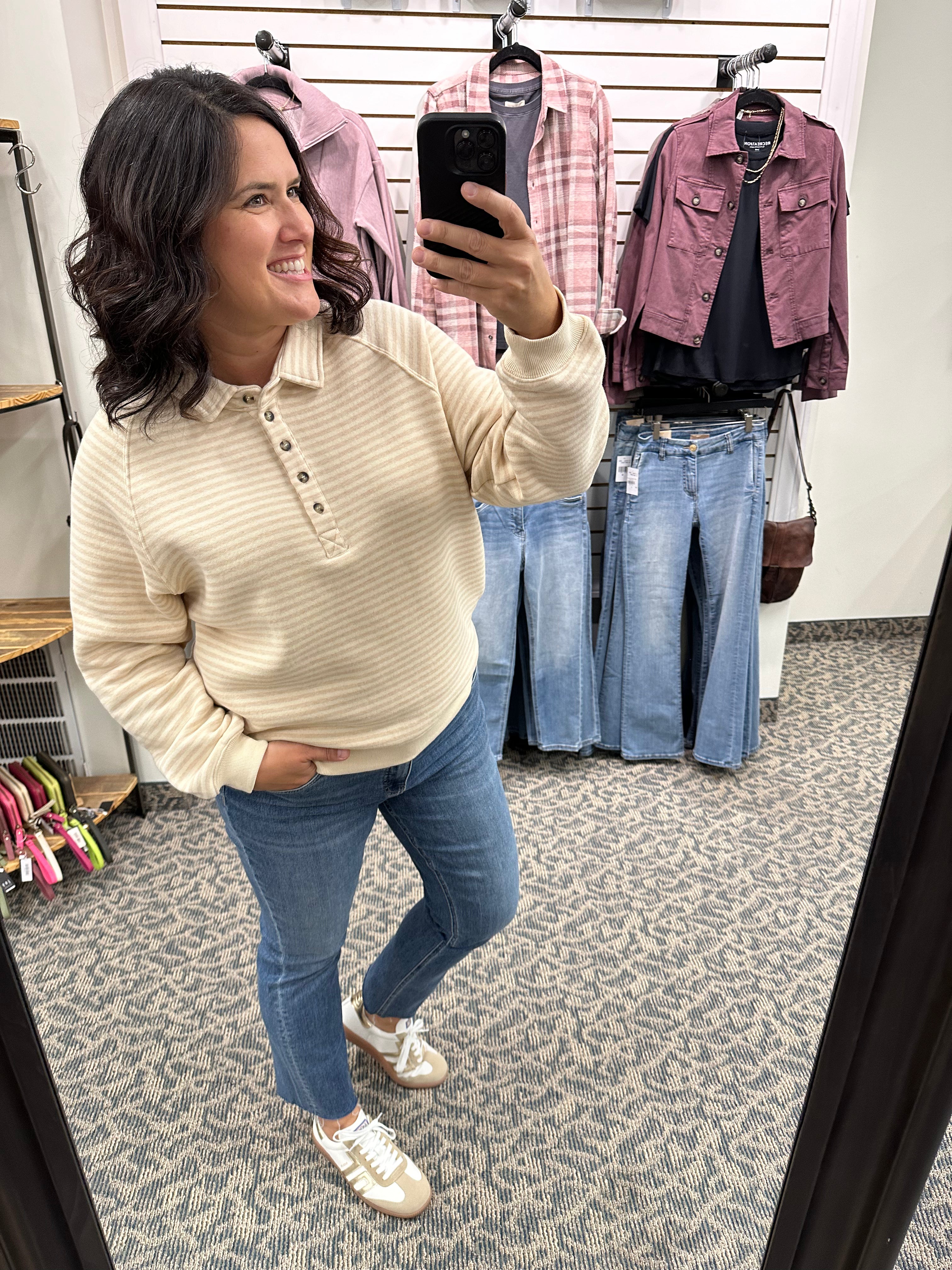Taupe Striped Button Sweatshirt Top - Sweatshirt WISHLIST
