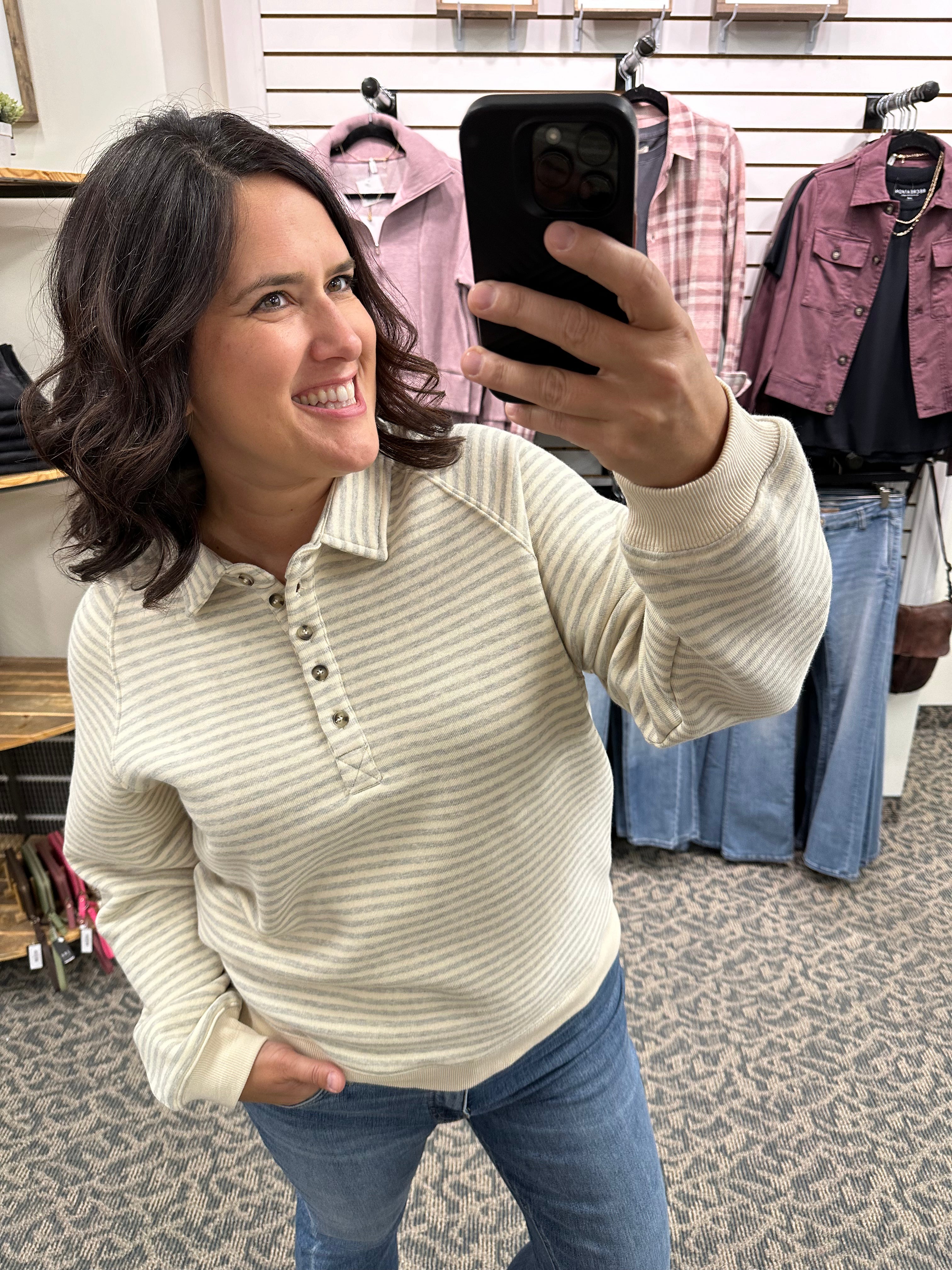 Heather Grey Striped Button Sweatshirt Top - Sweatshirt WISHLIST