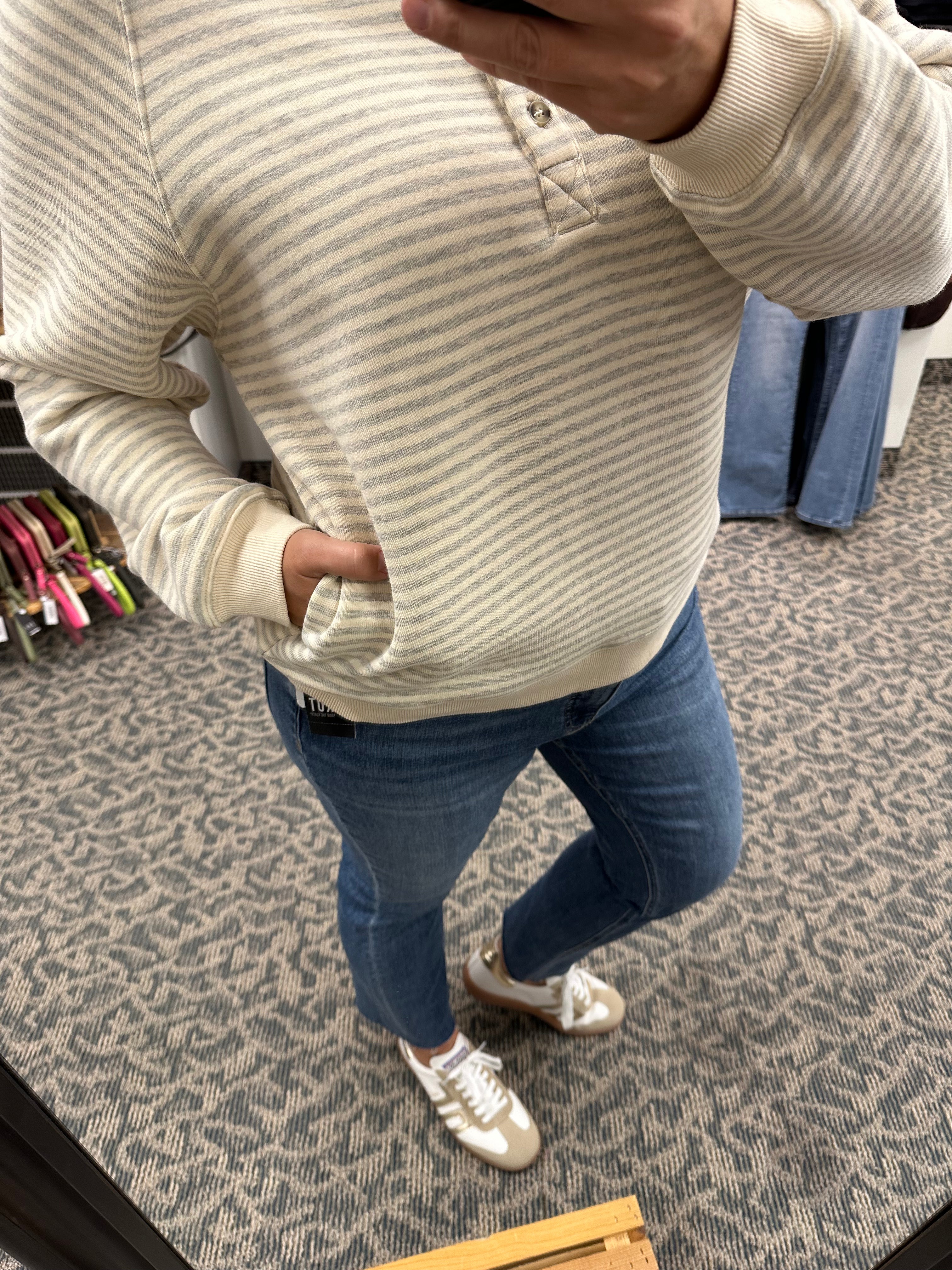 Heather Grey Striped Button Sweatshirt Top - Sweatshirt WISHLIST