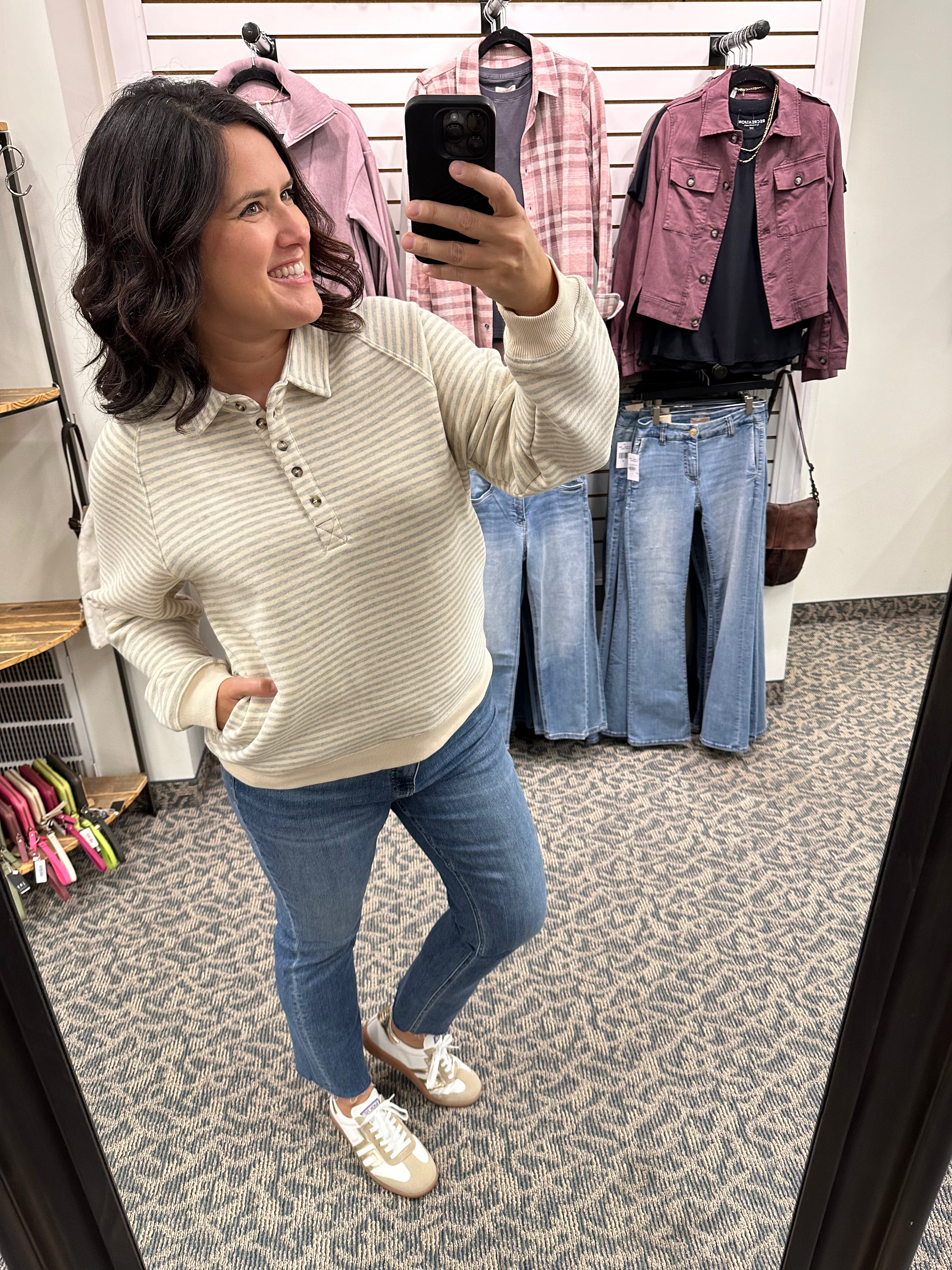 Heather Grey Striped Button Sweatshirt Top - Sweatshirt WISHLIST