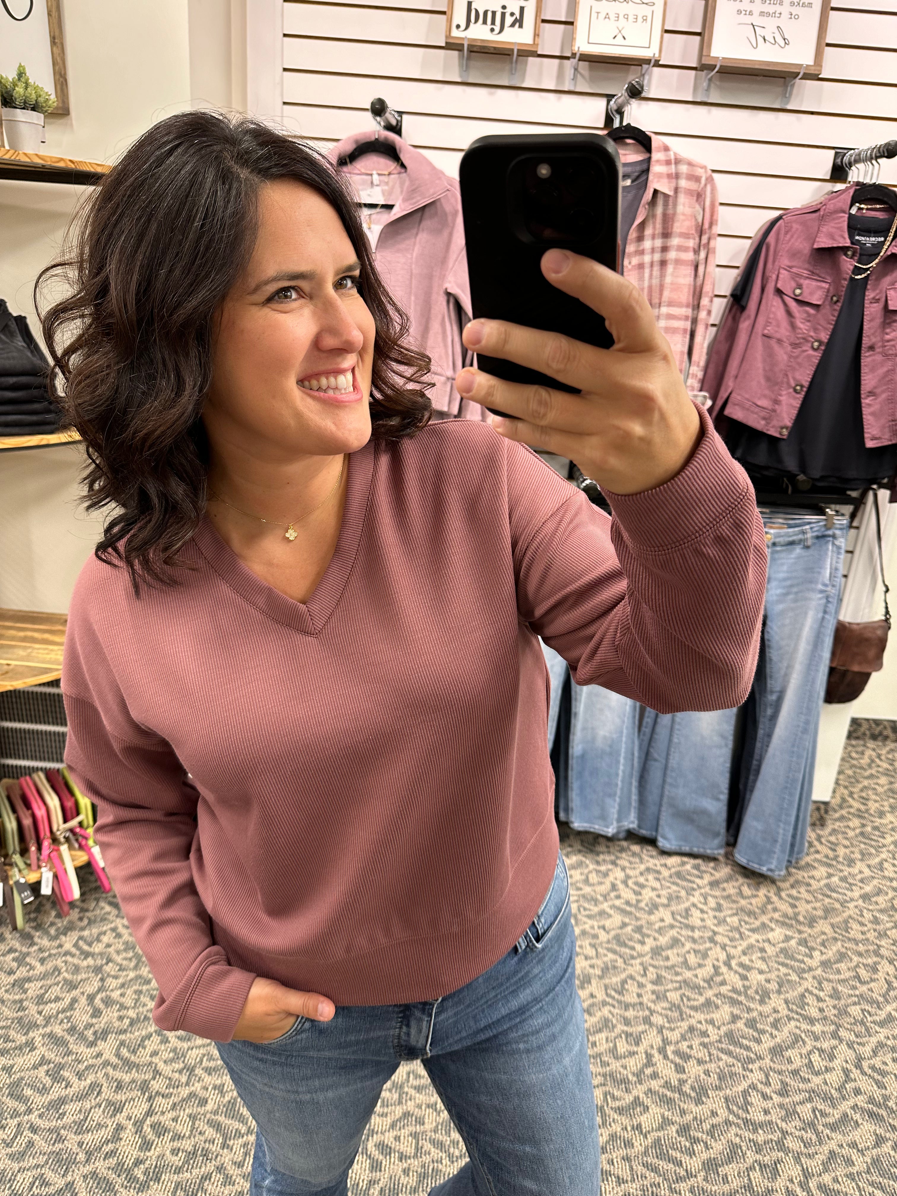 Rose Rib Martina V-Neck Pullover Top - Sweatshirt THREAD & SUPPLY