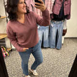Rose Rib Martina V-Neck Pullover Top - Sweatshirt THREAD & SUPPLY