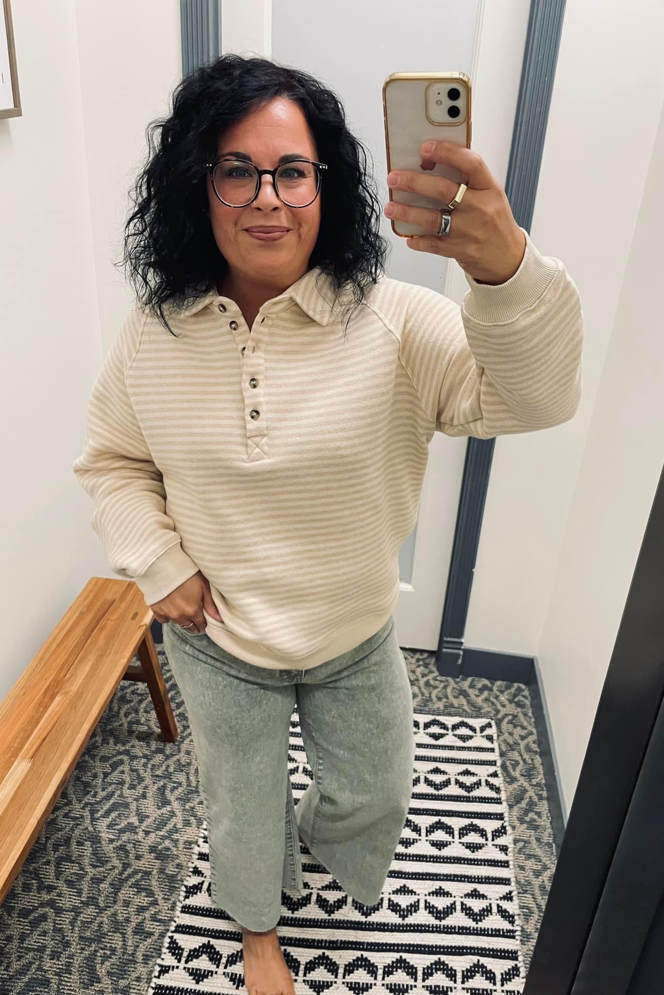 Taupe Striped Button Sweatshirt Top - Sweatshirt WISHLIST