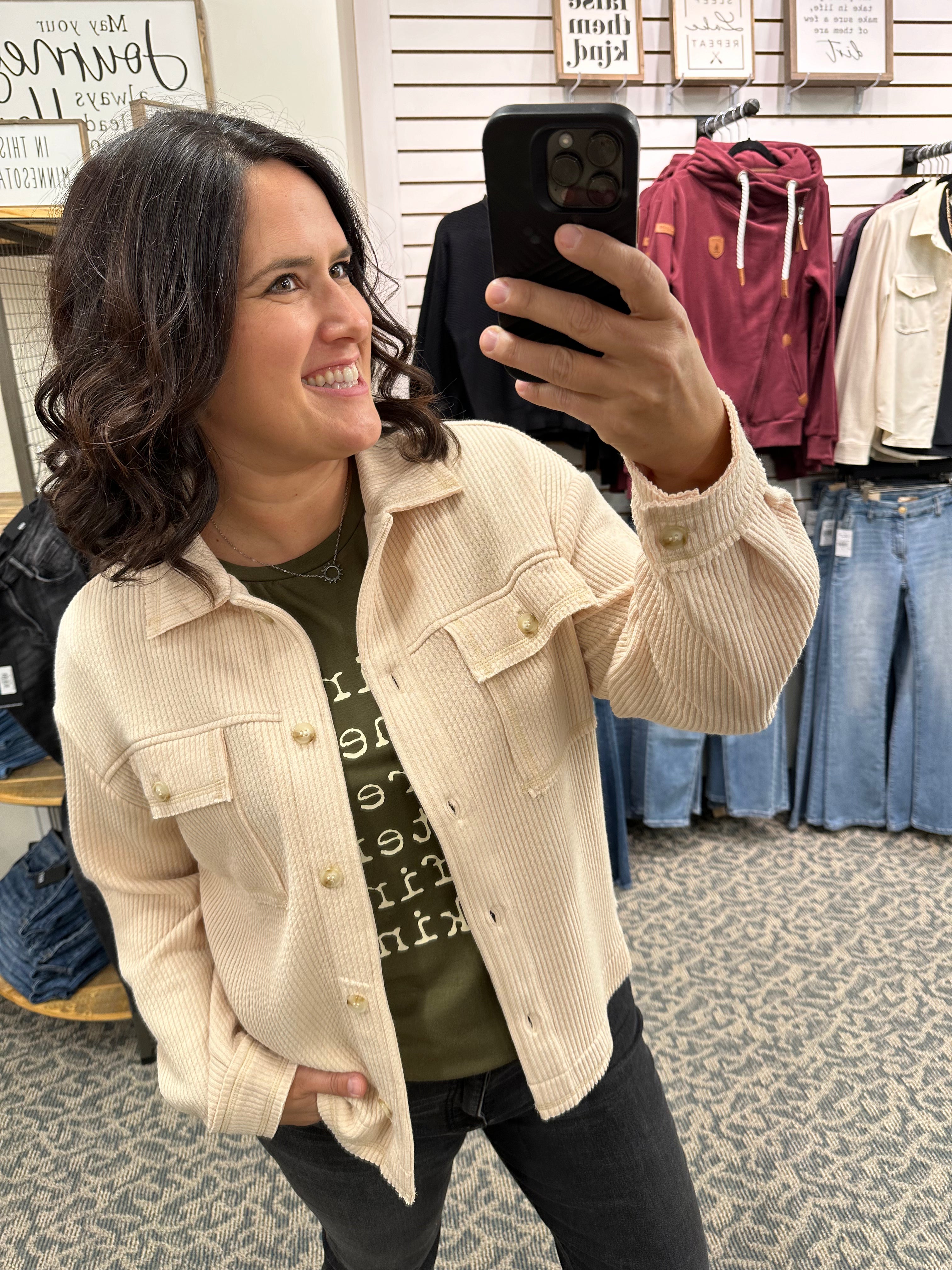 Oatmeal Ribbed Button Down Shacket Outerwear- Jackets STACCATO