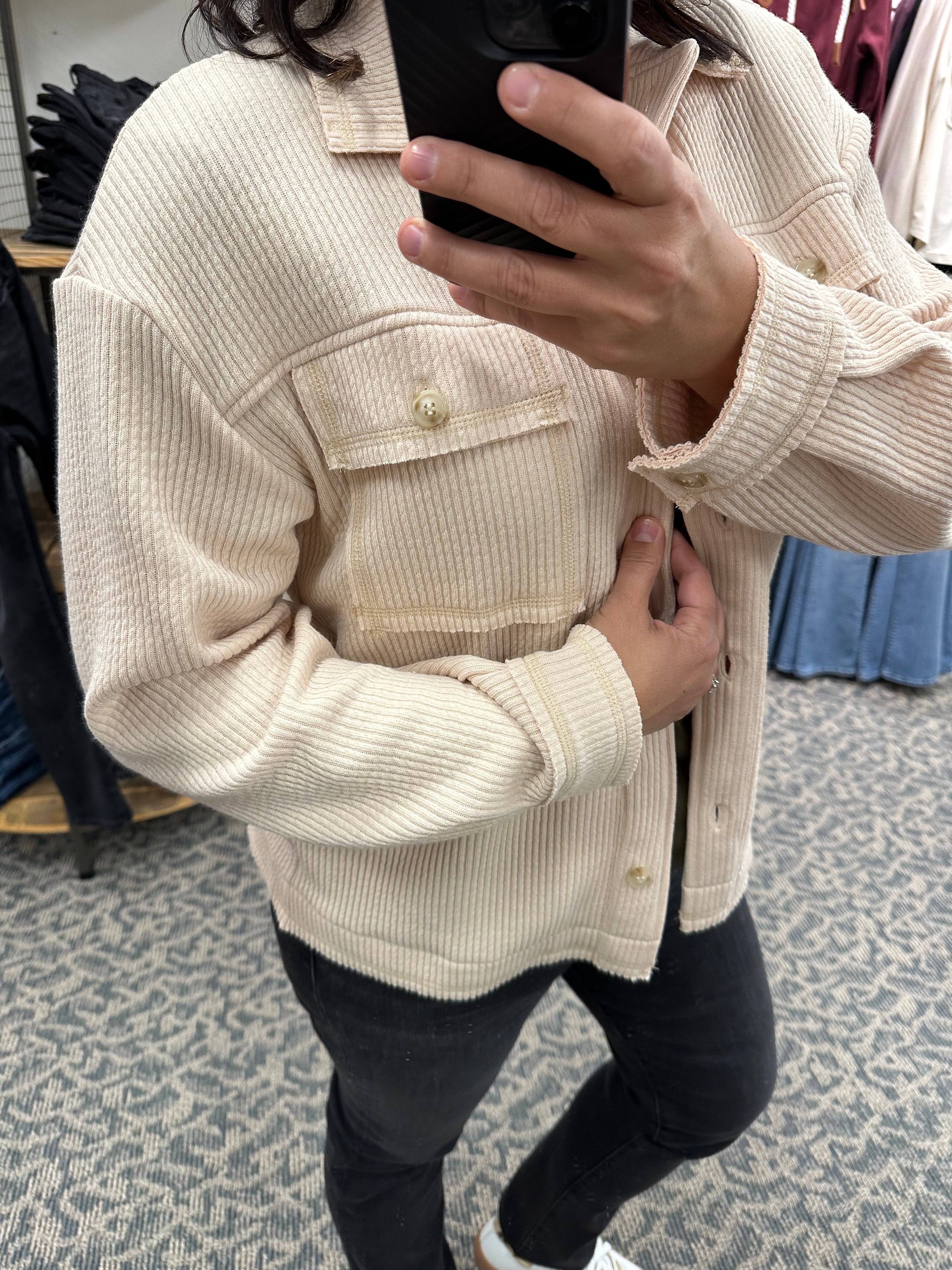 Oatmeal Ribbed Button Down Shacket Outerwear- Jackets STACCATO