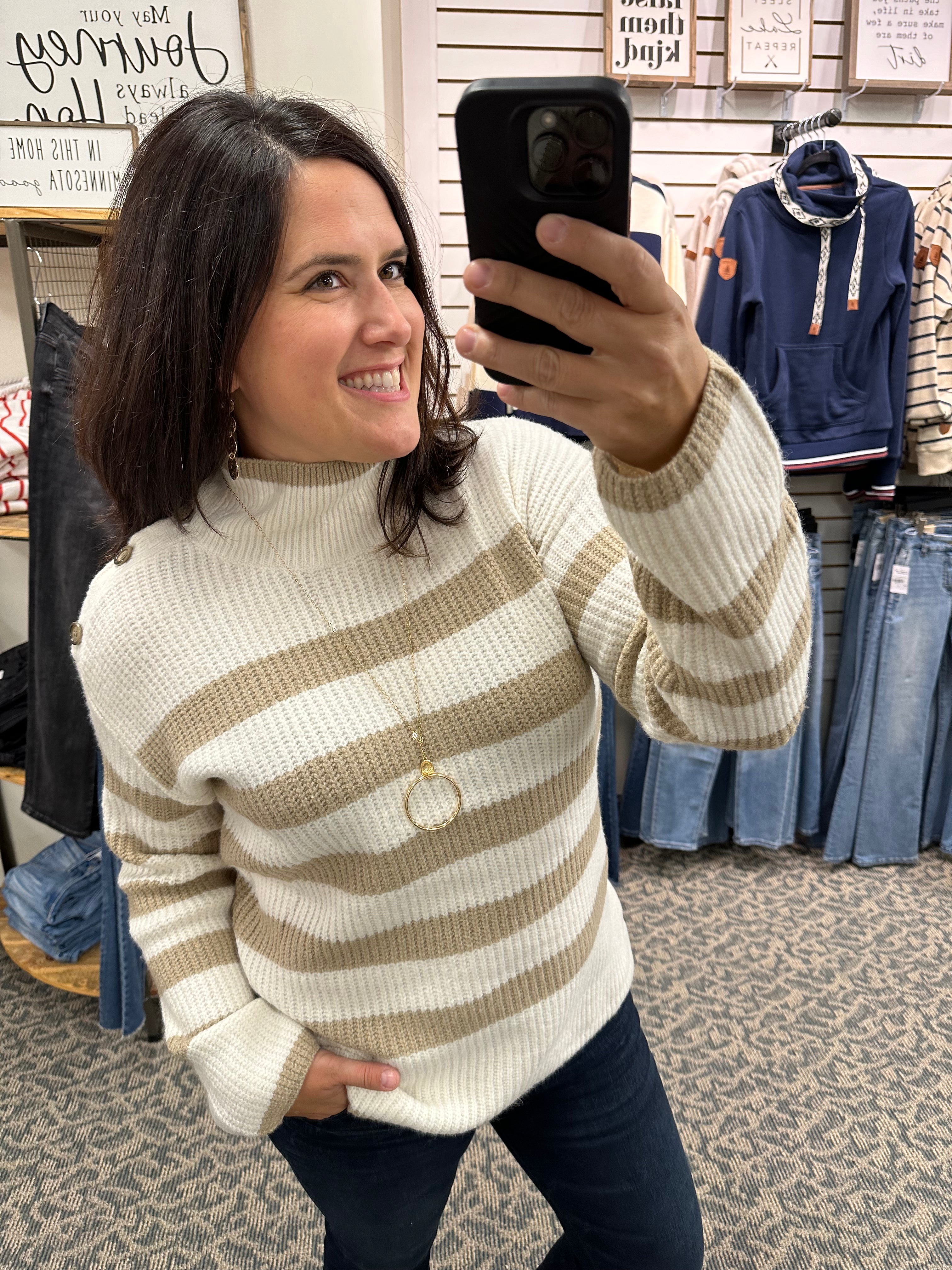Taupe Striped Button Detail Sweater Top - Sweater HEM & THREAD