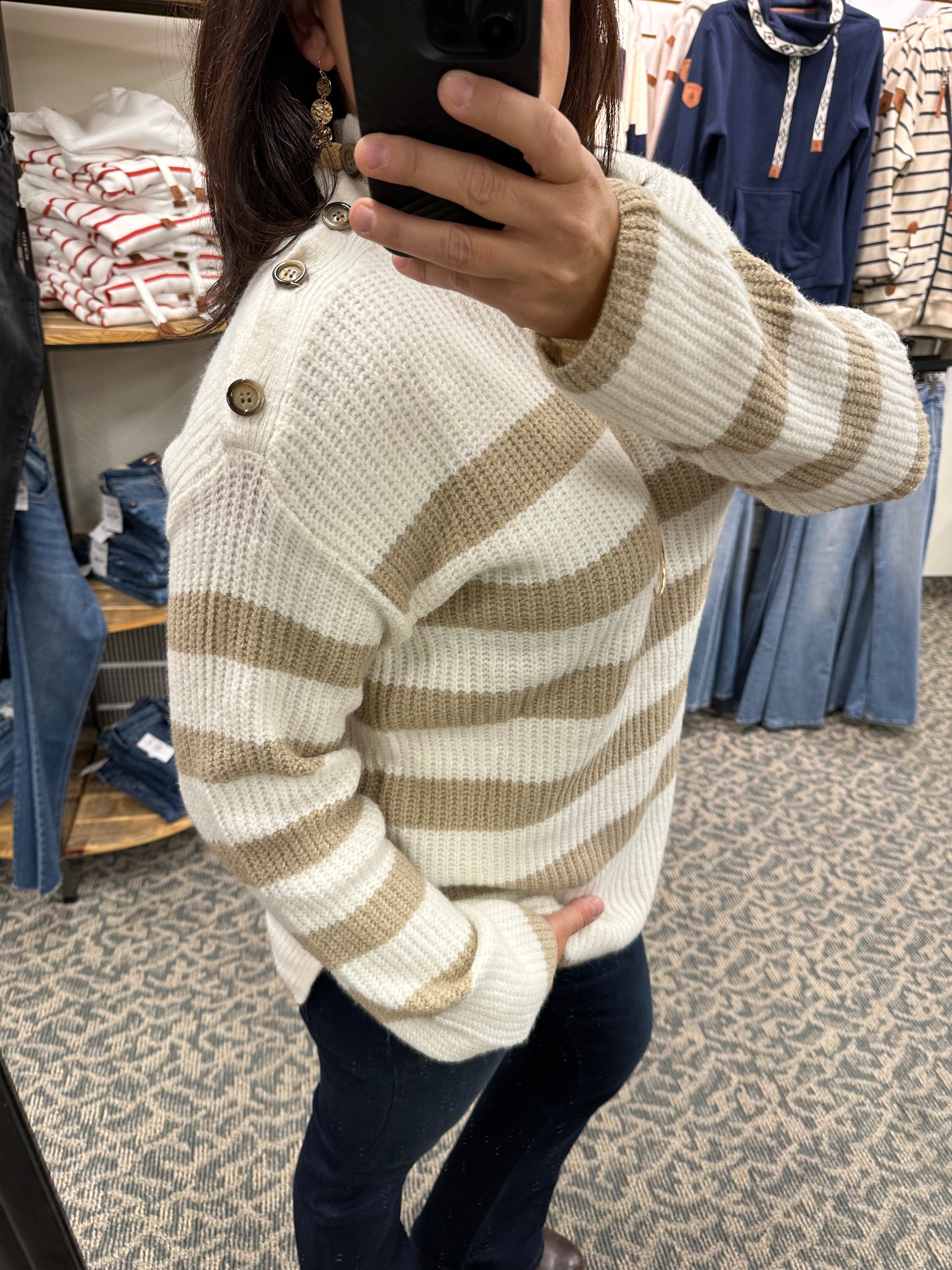 Taupe Striped Button Detail Sweater Top - Sweater HEM & THREAD
