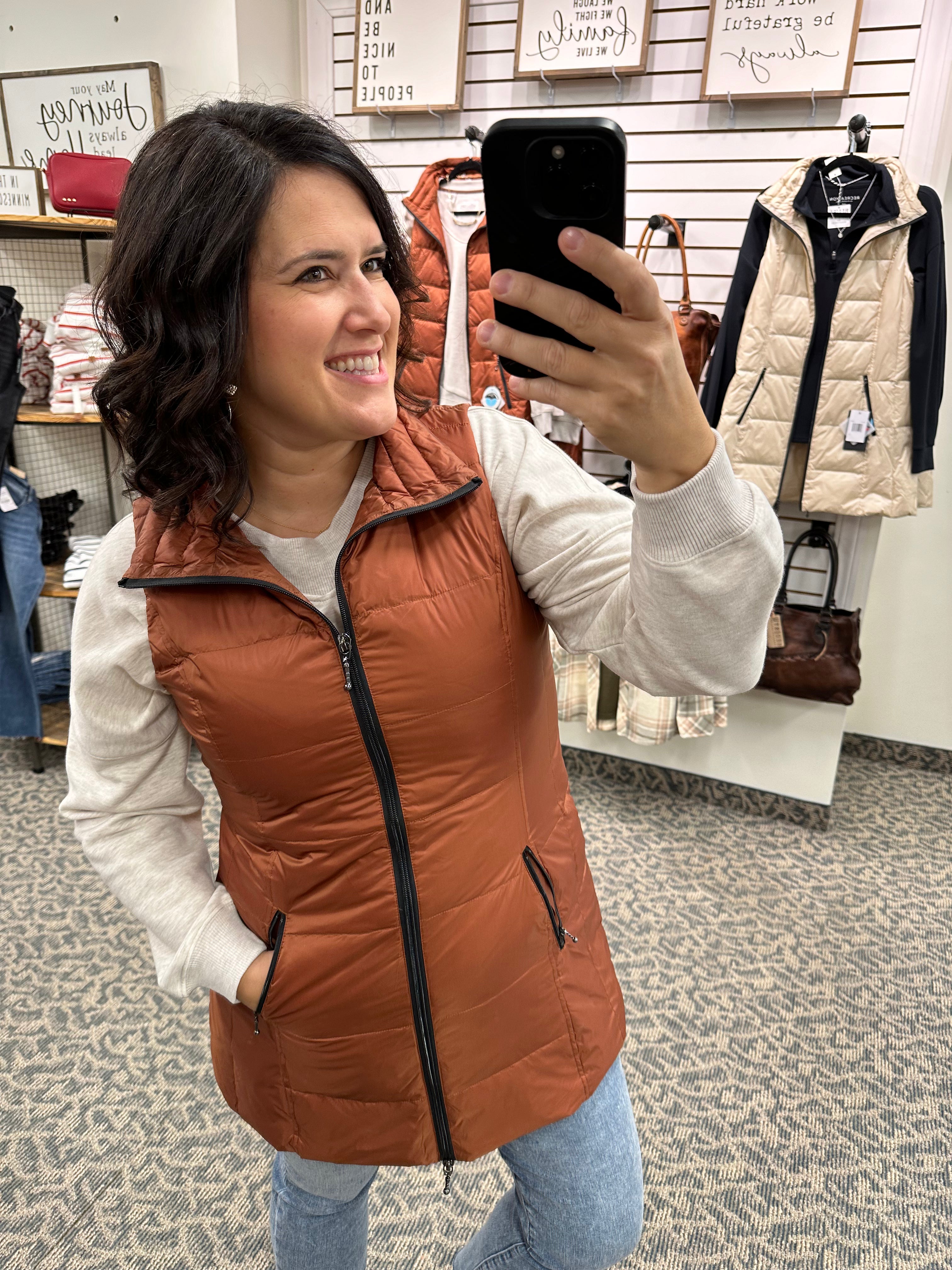 Long Terracotta Down Vest Outerwear - Vest Anorak