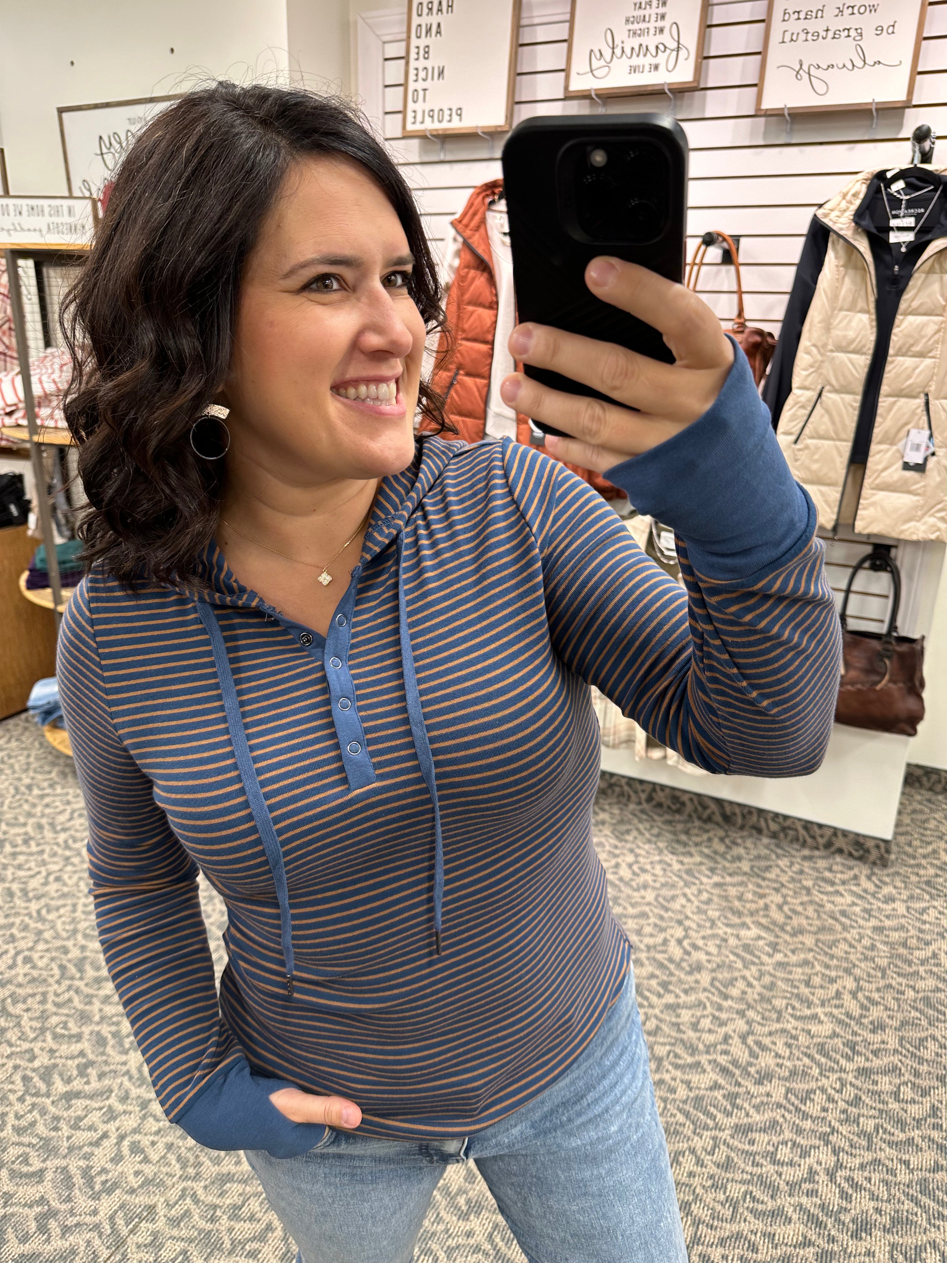 Teal Striped Henley Hoodie Top - Tee DOE & RAE