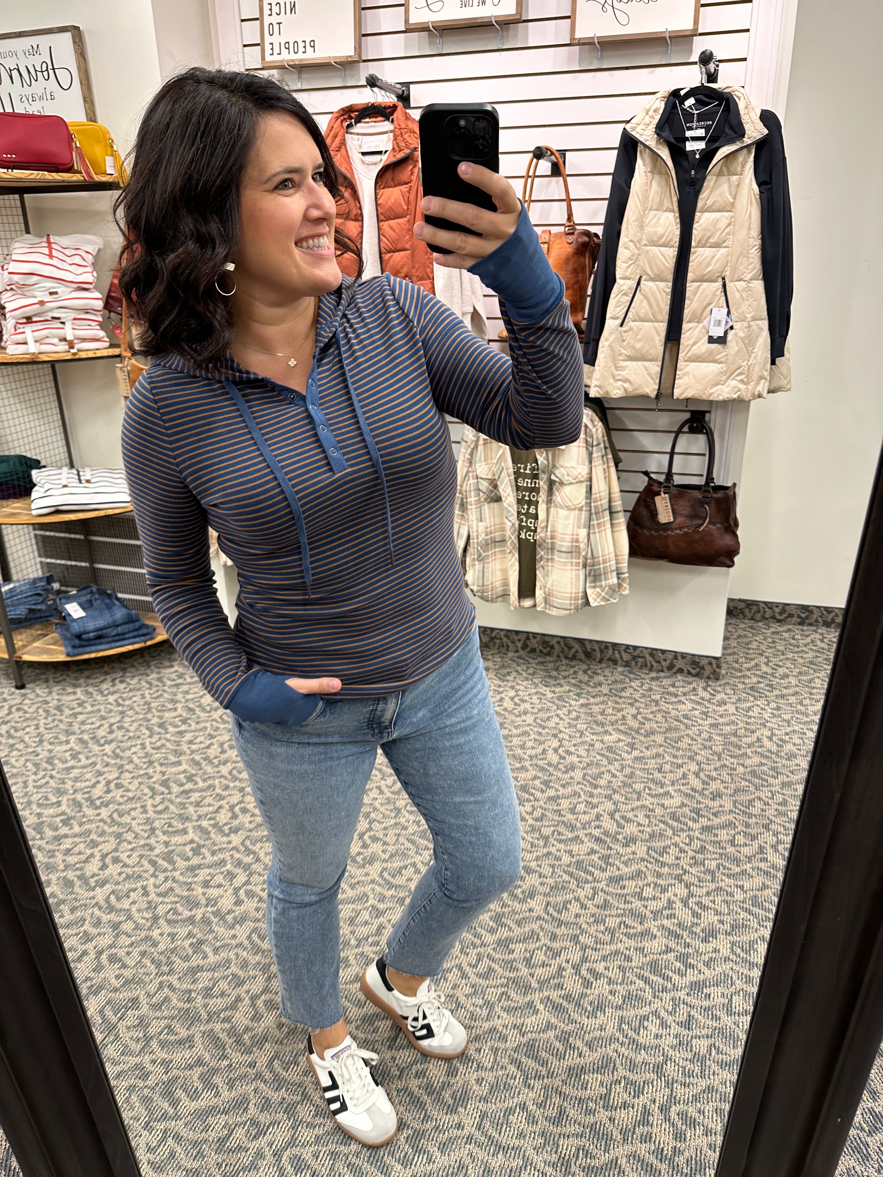 Teal Striped Henley Hoodie Top - Tee DOE & RAE