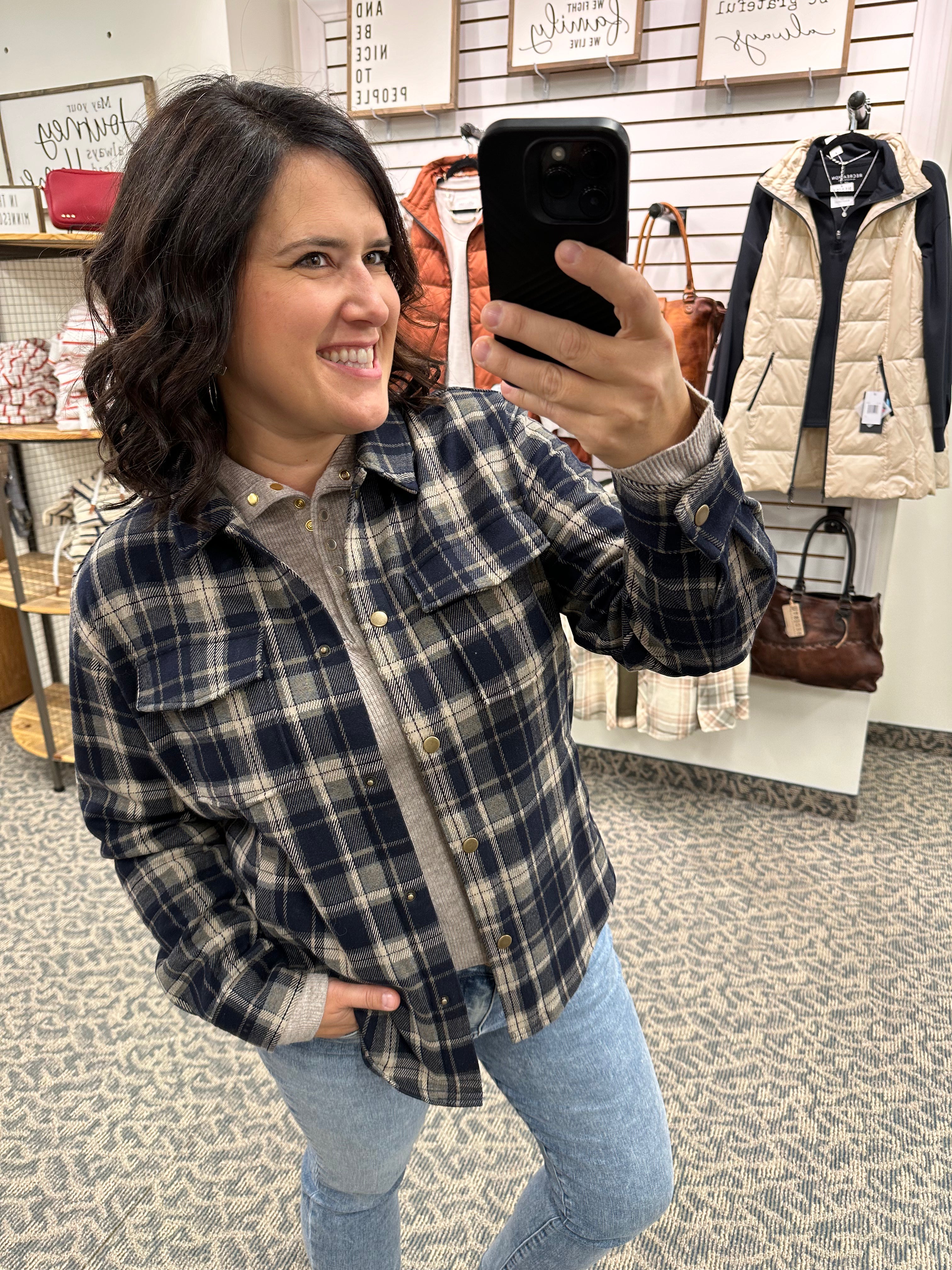 Navy Plaid Sweeney Knit Shacket Outerwear- Jackets FLAG AND ANTHEM