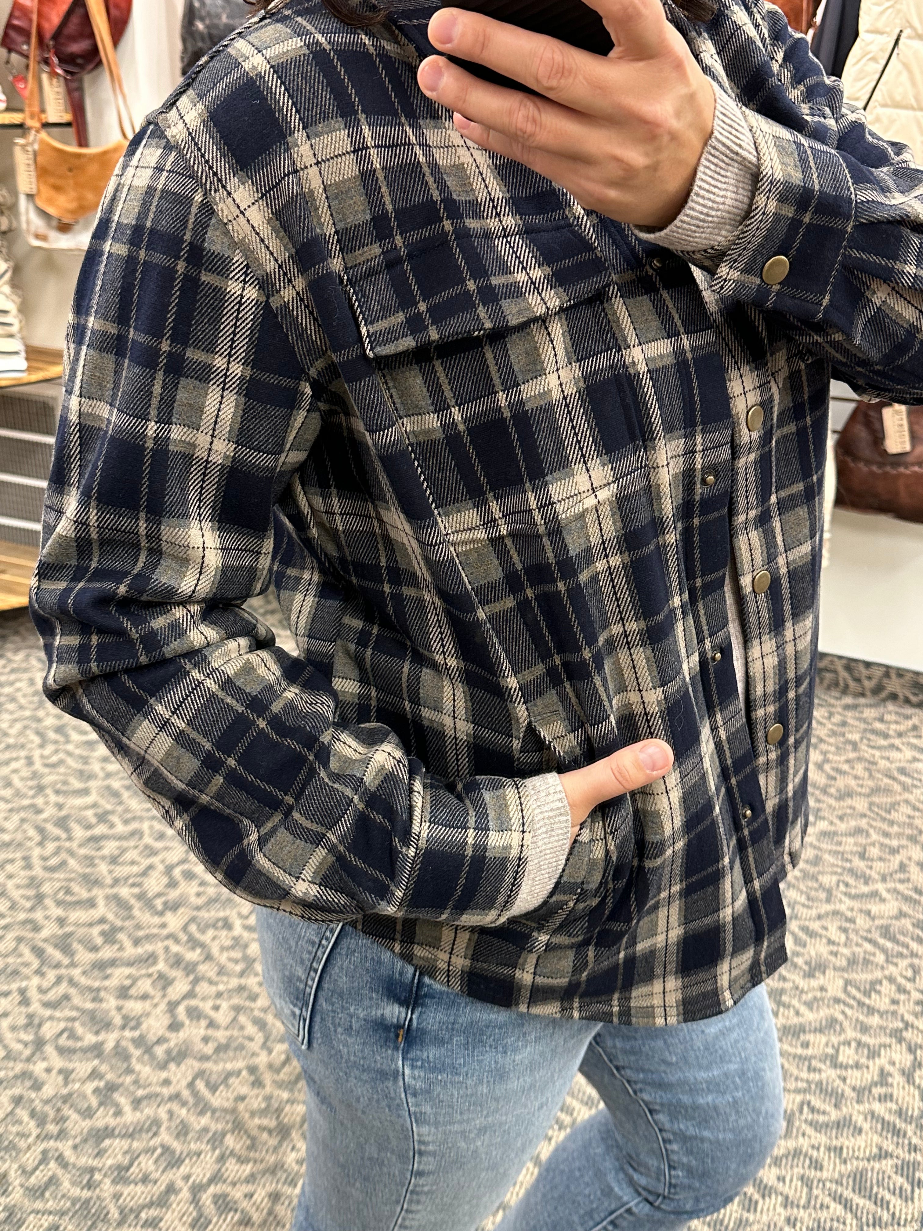 Navy Plaid Sweeney Knit Shacket Outerwear- Jackets FLAG AND ANTHEM