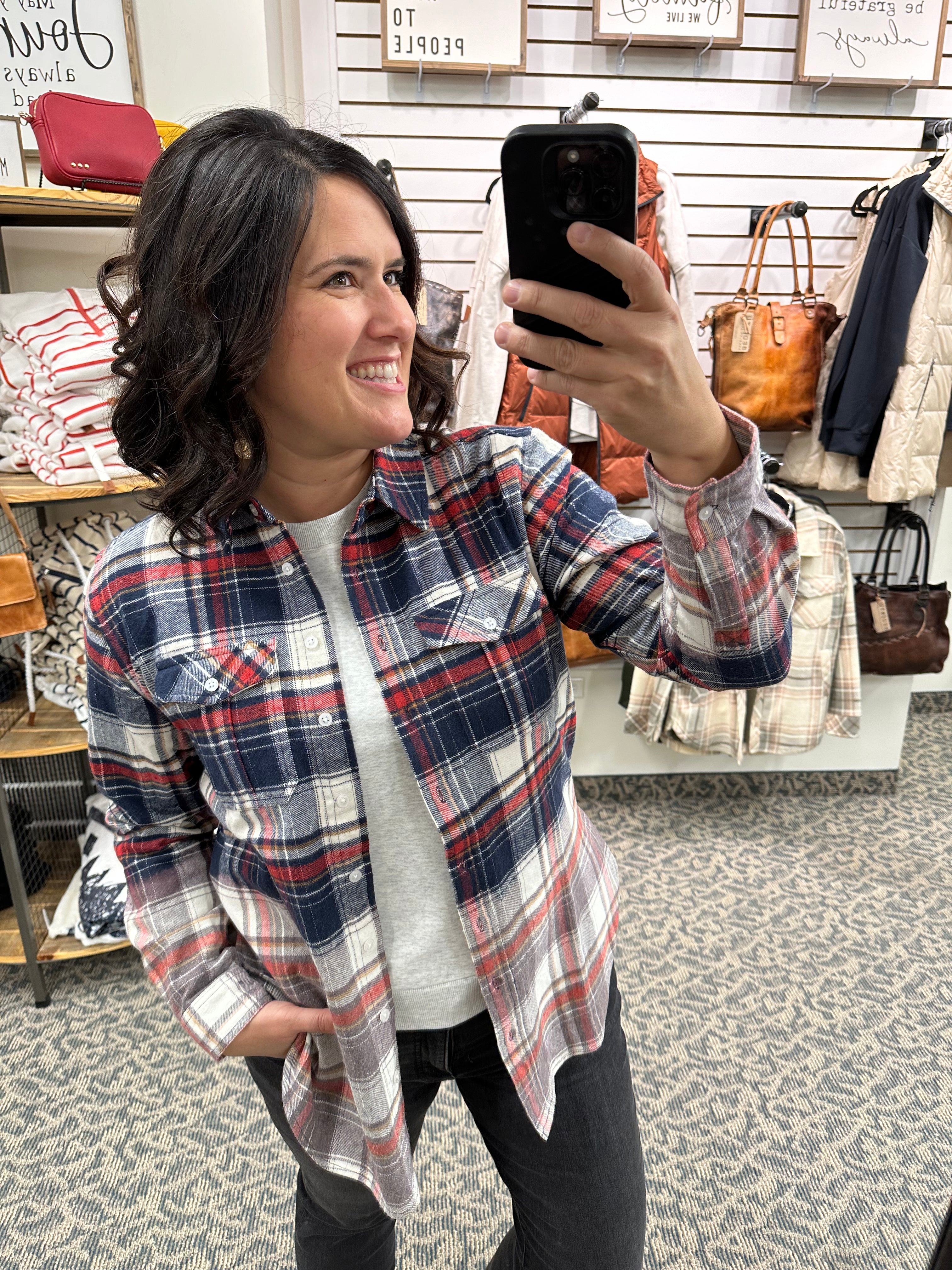 Navy Red Cream Marlee Plaid Tops - Button Ups PANACHE